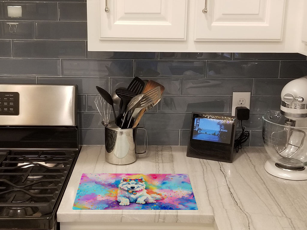 Samoyed Hippie Dawg Cutting Board Tempered Glass Kitchen Cutting Surface, Heat Resistant Chopping, Non-Slip Feet, Food Prep & Serving