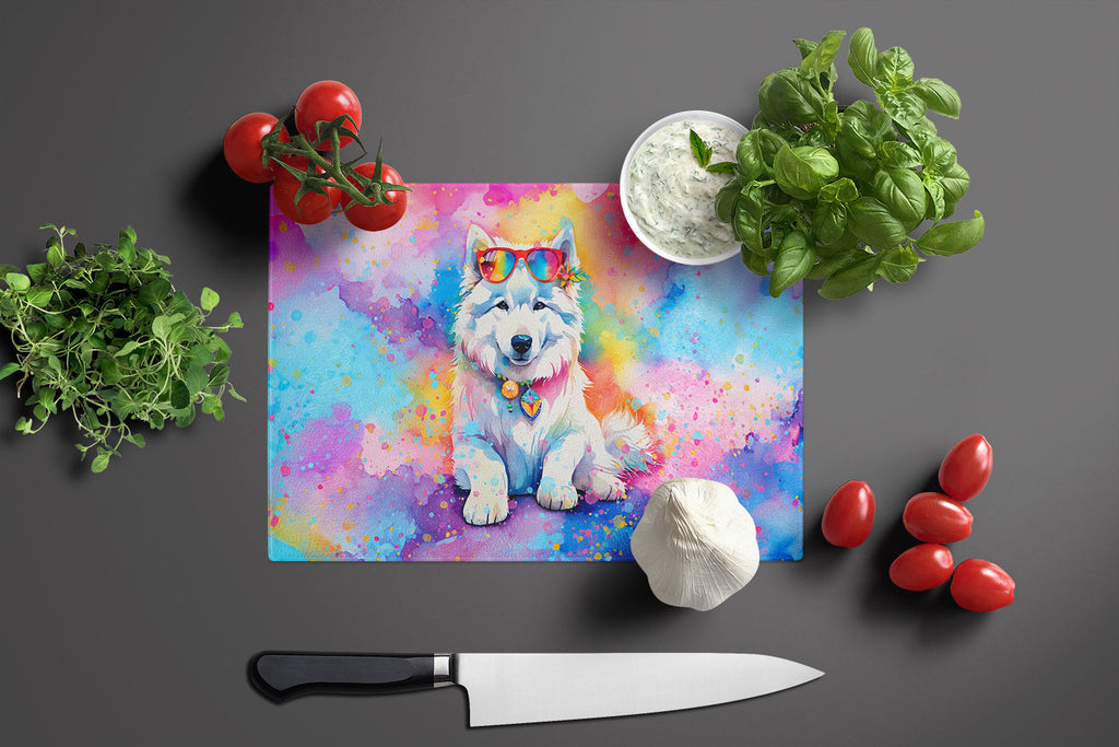 Samoyed Hippie Dawg Cutting Board Tempered Glass Kitchen Cutting Surface, Heat Resistant Chopping, Non-Slip Feet, Food Prep & Serving
