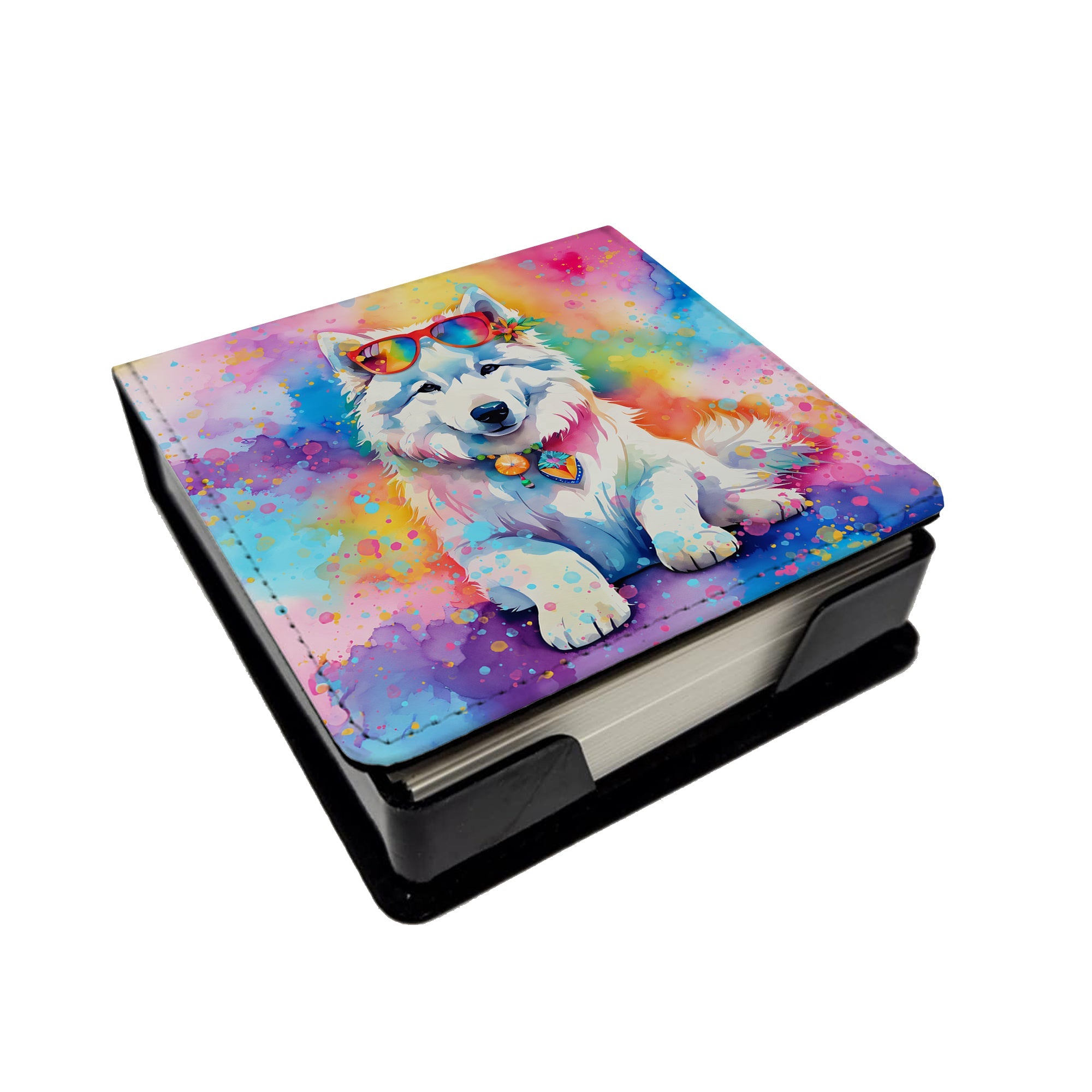 Samoyed Hippie Dawg PU Leather Note Paper Holder with Artist-Designed Cover, Desk Accessory, Office Gift