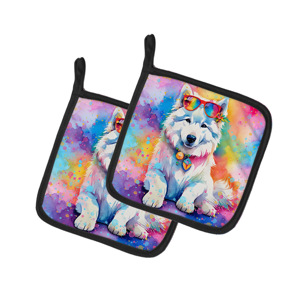Samoyed Hippie Dawg Pot Holder Set of 2 Heat Resistant Quilted Hot Pads 7.5 x 7.5 Inch, Insulated Kitchen Trivets for Cooking & Baking