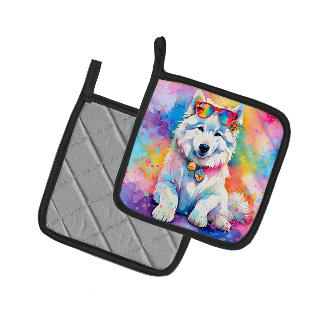 Samoyed Hippie Dawg Pot Holder Set of 2 Heat Resistant Quilted Hot Pads 7.5 x 7.5 Inch, Insulated Kitchen Trivets for Cooking & Baking