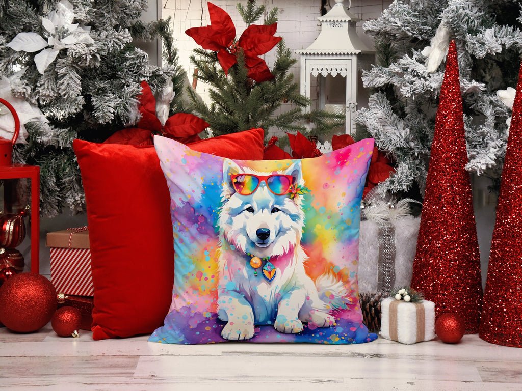 Samoyed Hippie Dawg Decorative Throw Pillow 14x14 Indoor Outdoor Accent Cushion, Fabric Cover with Insert for Sofa, Bed, Porch & Living Room