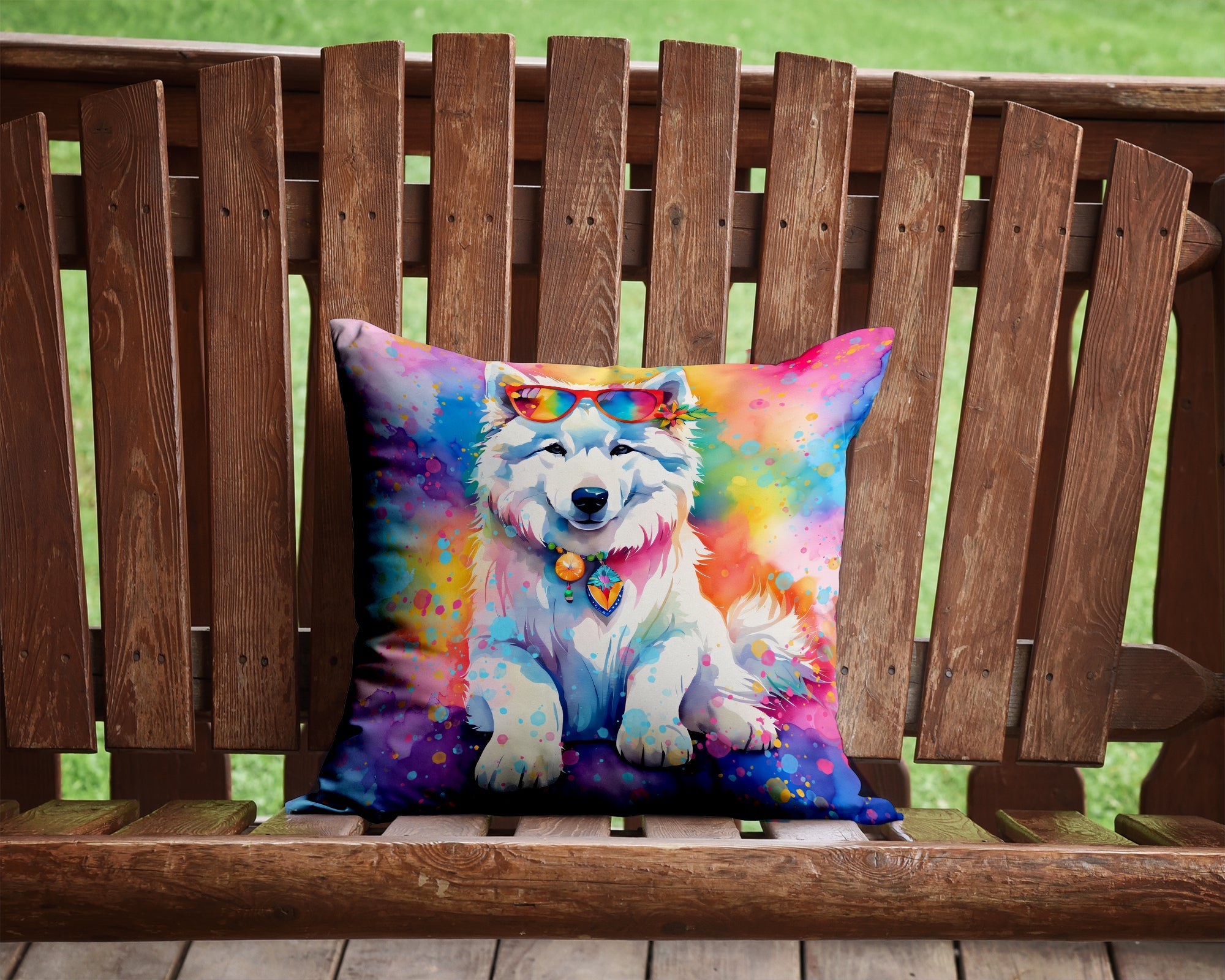 Samoyed Hippie Dawg Decorative Throw Pillow 14x14 Indoor Outdoor Accent Cushion, Fabric Cover with Insert for Sofa, Bed, Porch & Living Room