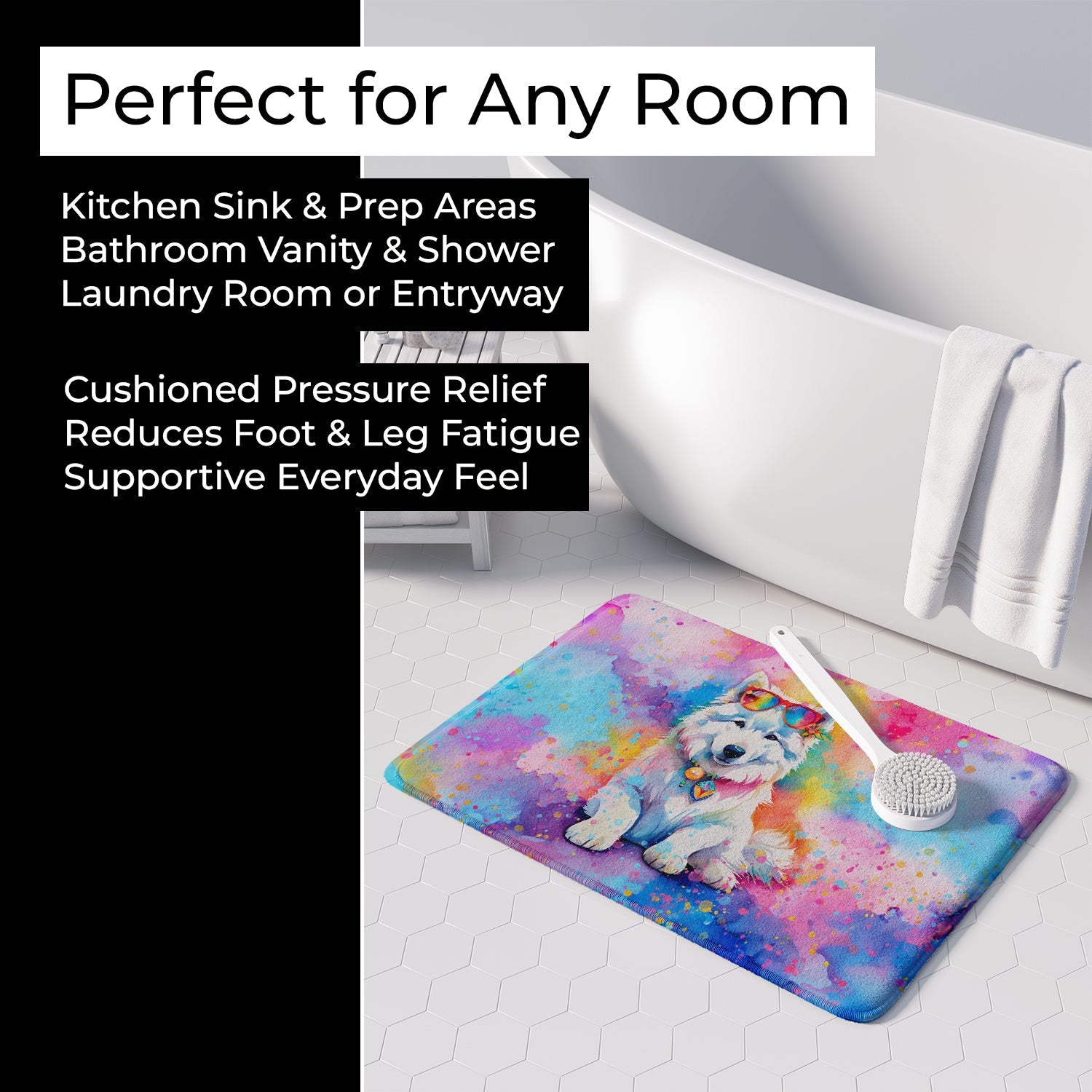 Samoyed Hippie Dawg Memory Foam Kitchen Mat Machine Washable Anti-Fatigue Cushion Comfort Bath or Kitchen Rug