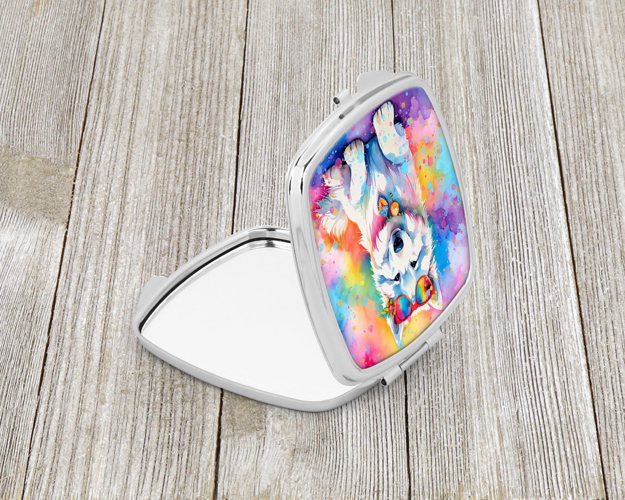 Samoyed Hippie Dawg Compact Mirror Decorative Travel Makeup Mirror for Women Girls Gifts Pocket Makeup Mirror Folding Handheld