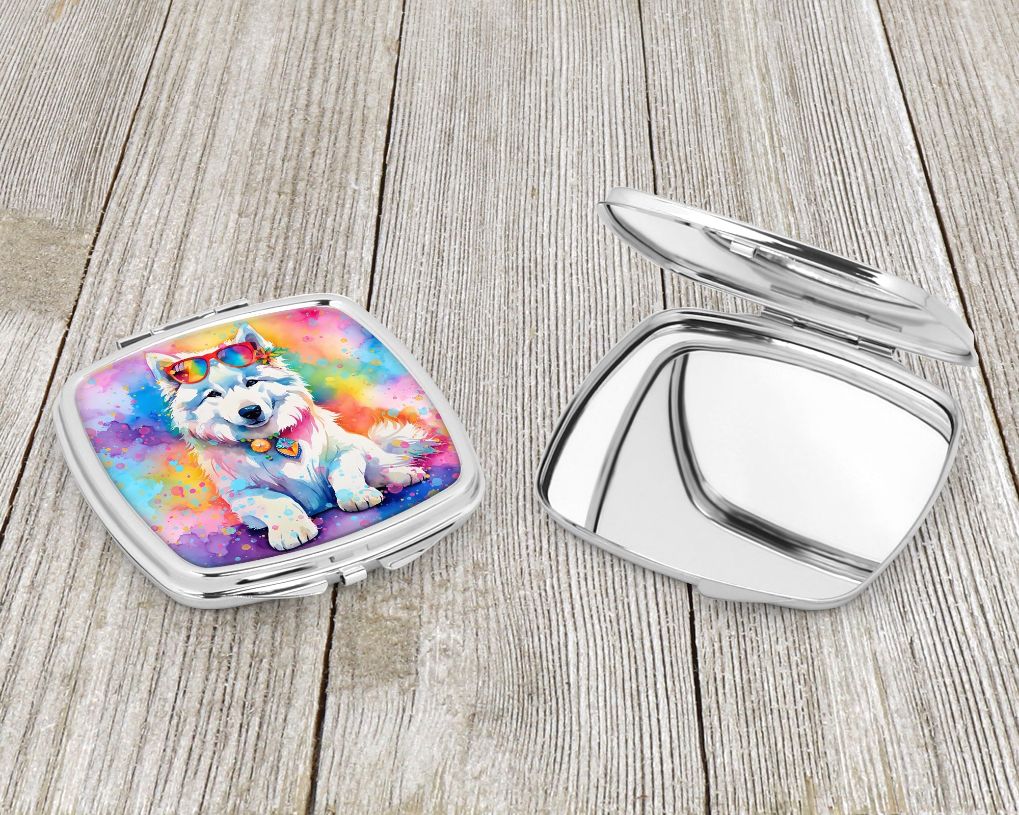 Samoyed Hippie Dawg Compact Mirror Decorative Travel Makeup Mirror for Women Girls Gifts Pocket Makeup Mirror Folding Handheld