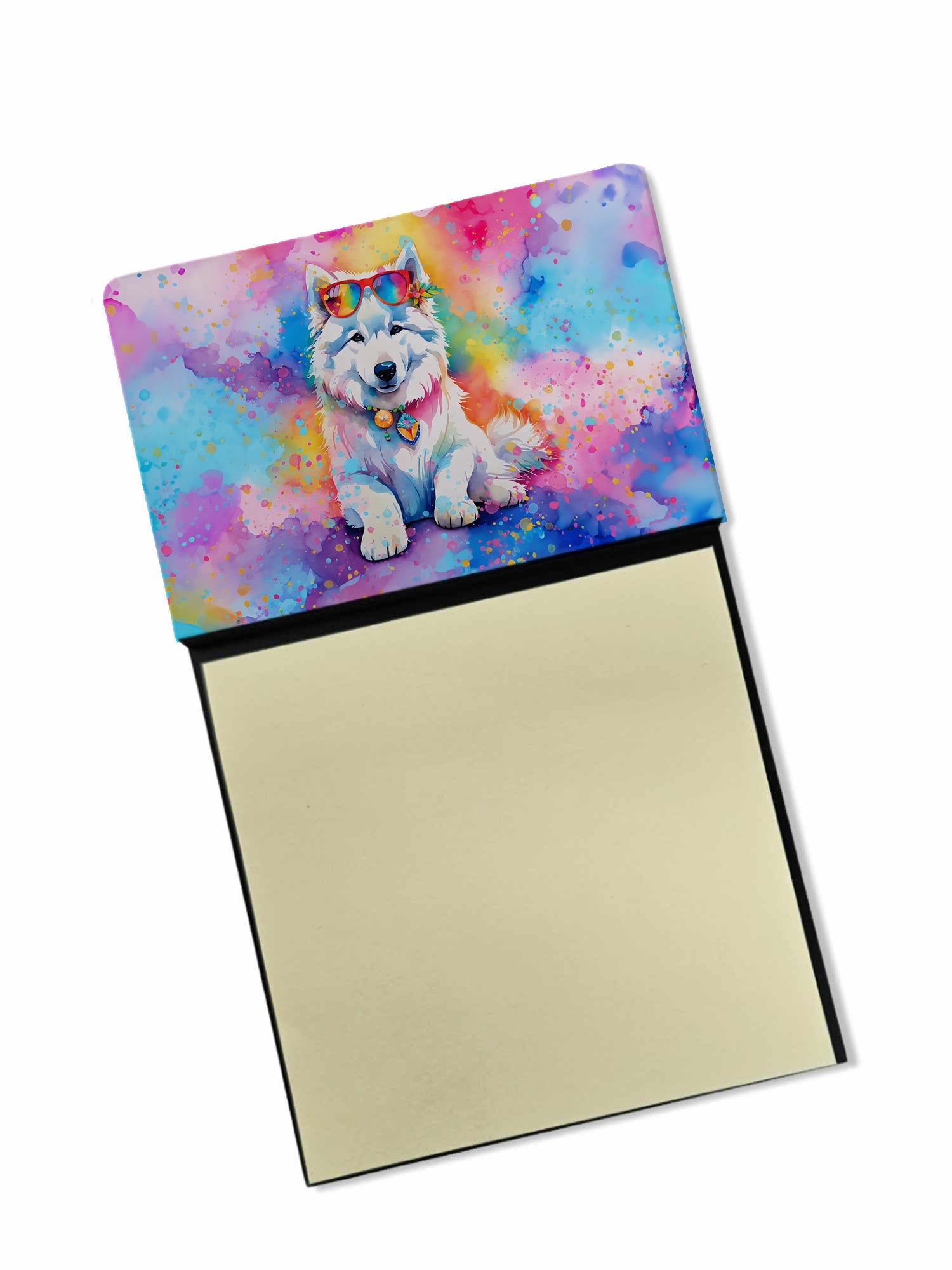 Samoyed Hippie Dawg Watercolor Sticky Note Holder Refillable Dispenser Desk Accessory 3x3 Pad Gift