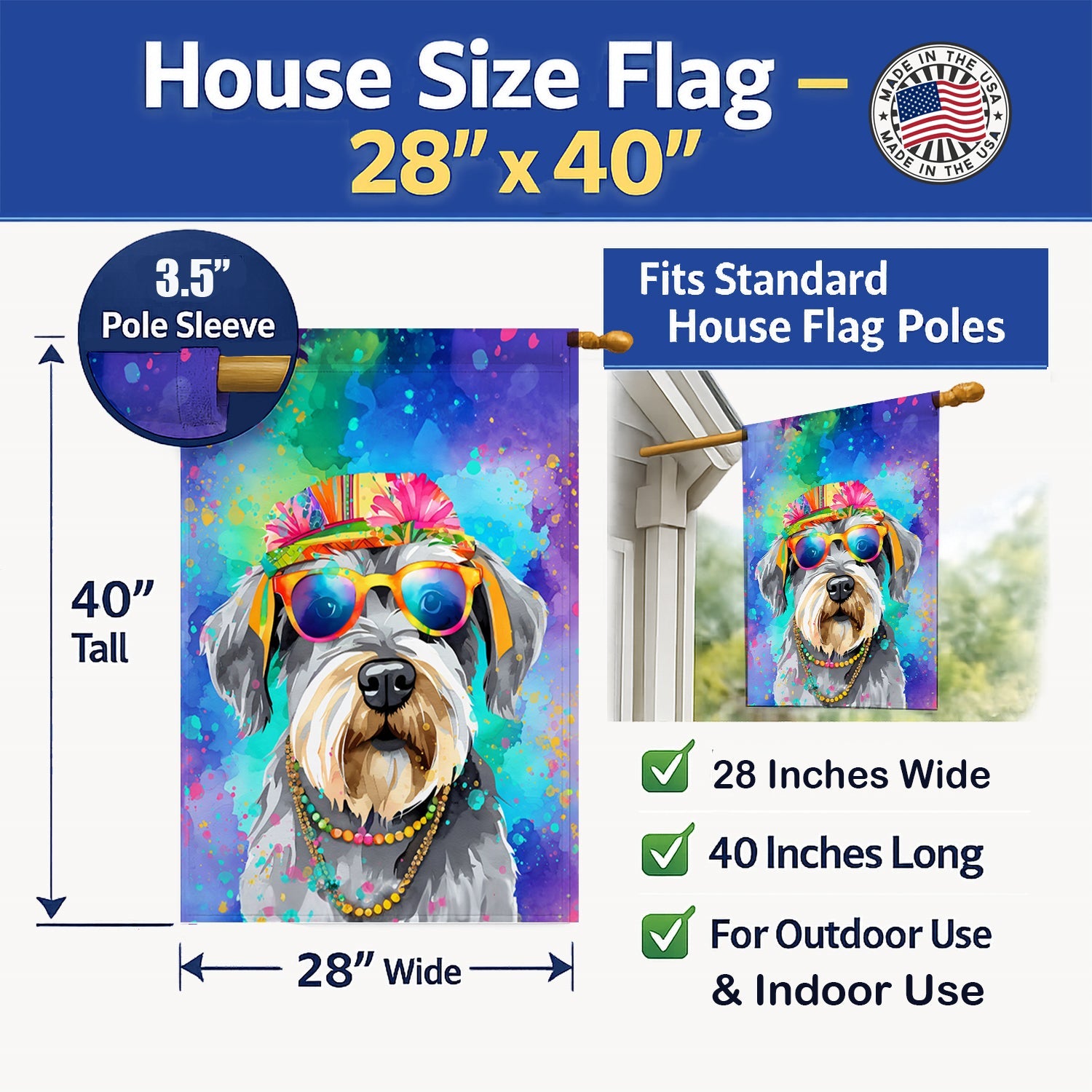 Schnauzer Hippie Dawg House Flag 28x40 Porch Sleeve Pole Decorative Outside Yard Banner Artwork Wall Hanging, Polyester