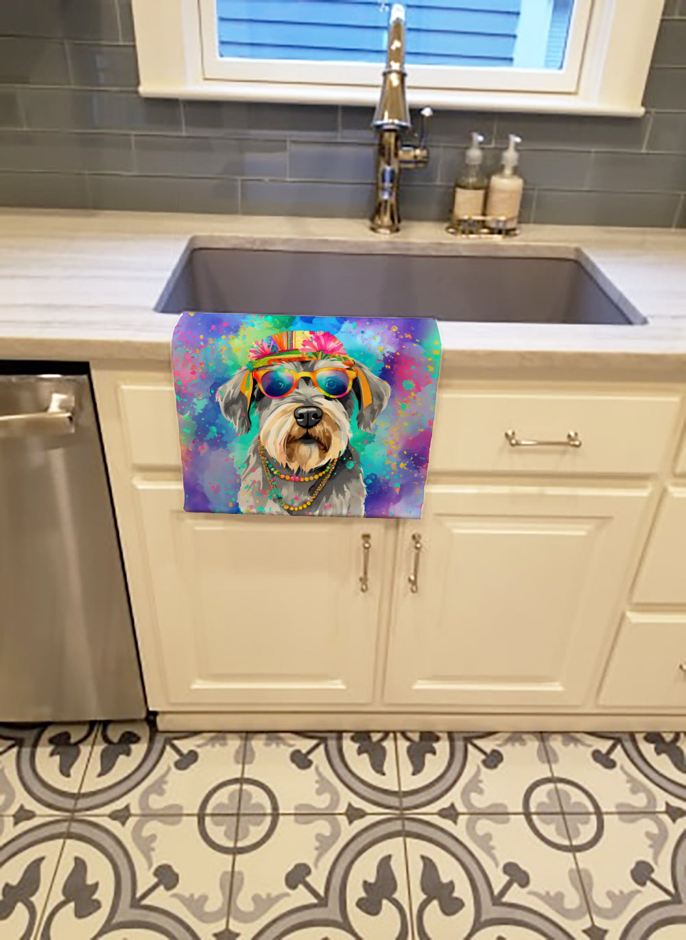 Schnauzer Hippie Dawg Kitchen Towel Velour Plush Front and Cotton Loop Back Machine Washable