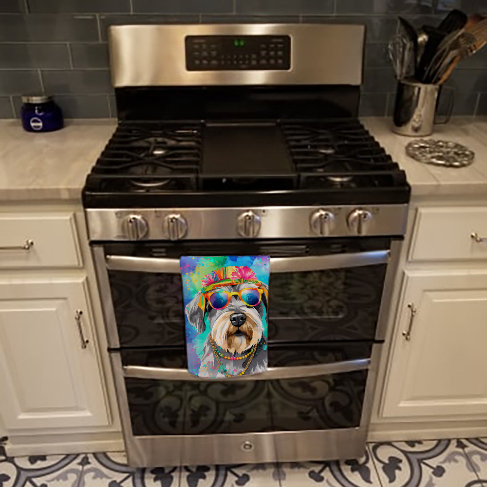 Schnauzer Hippie Dawg Kitchen Towel Velour Plush Front and Cotton Loop Back Machine Washable