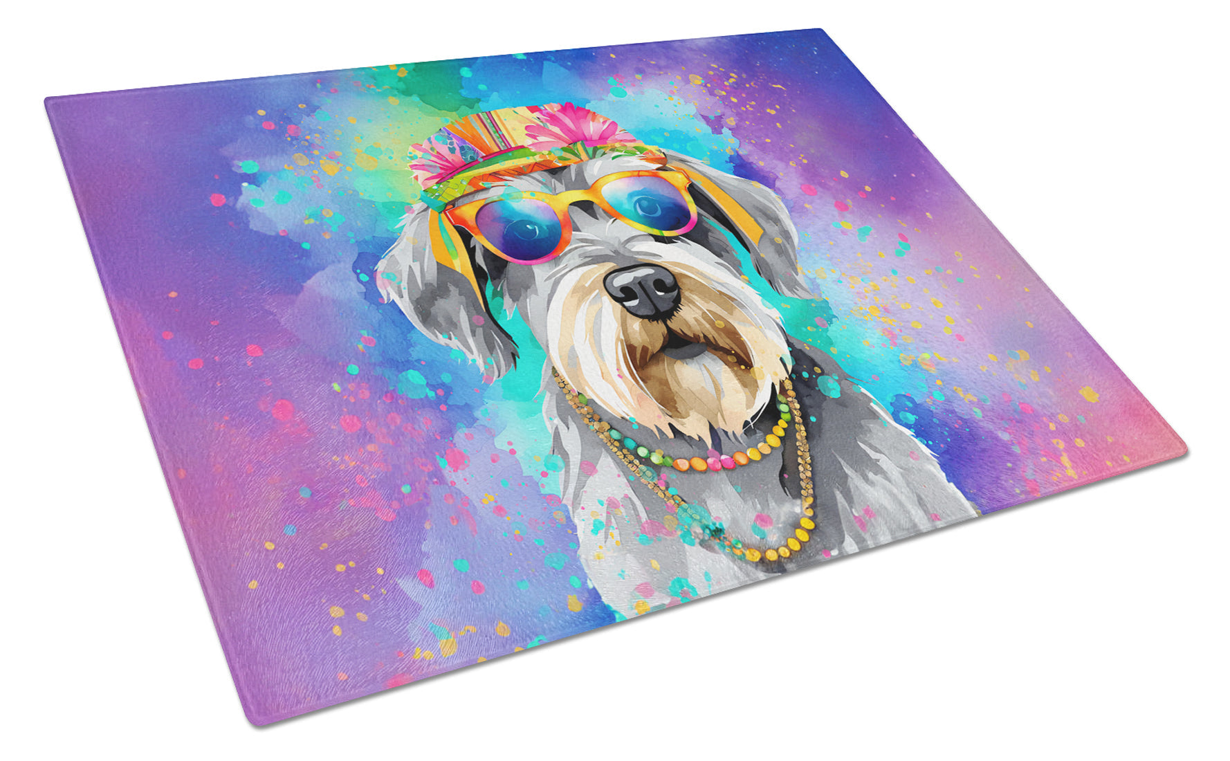 Schnauzer Hippie Dawg Cutting Board Tempered Glass Kitchen Cutting Surface, Heat Resistant Chopping, Non-Slip Feet, Food Prep & Serving