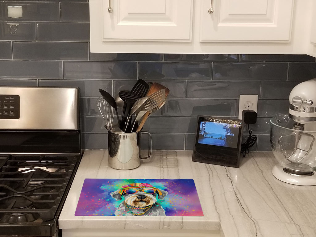 Schnauzer Hippie Dawg Cutting Board Tempered Glass Kitchen Cutting Surface, Heat Resistant Chopping, Non-Slip Feet, Food Prep & Serving