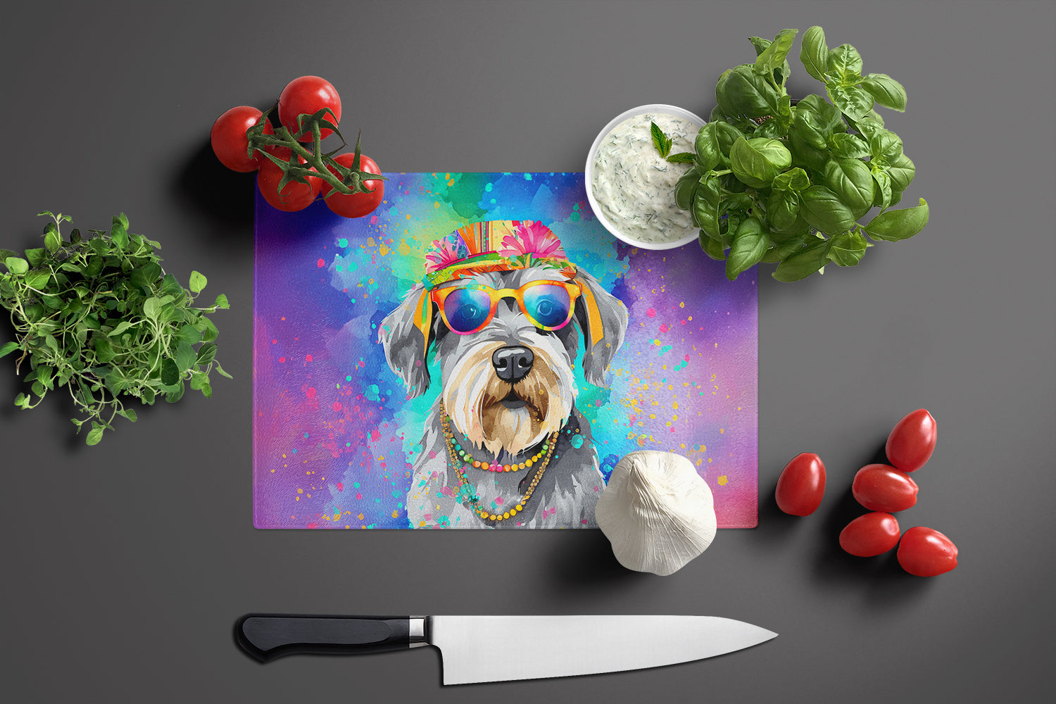 Schnauzer Hippie Dawg Cutting Board Tempered Glass Kitchen Cutting Surface, Heat Resistant Chopping, Non-Slip Feet, Food Prep & Serving