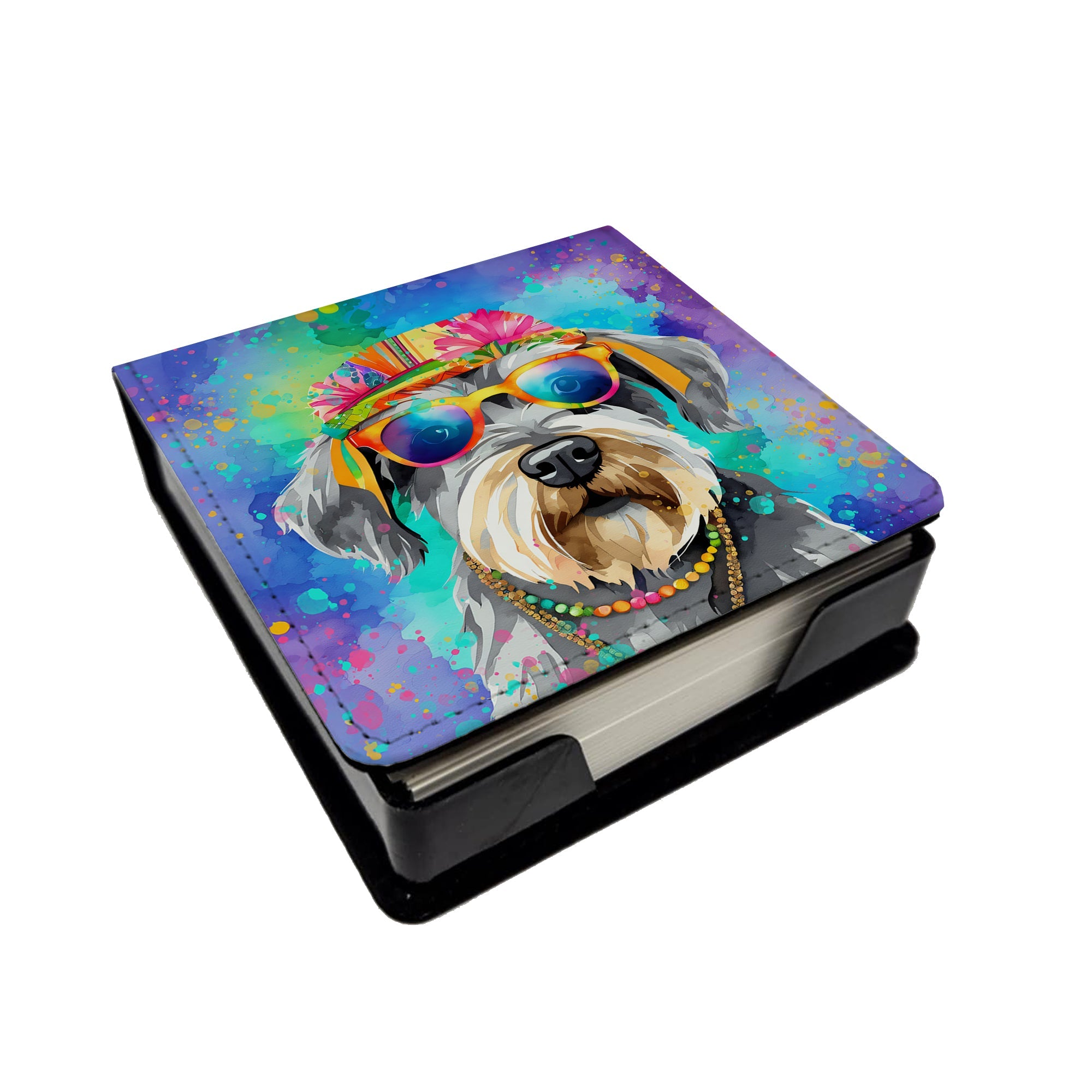 Schnauzer Hippie Dawg PU Leather Note Paper Holder with Artist-Designed Cover, Desk Accessory, Office Gift