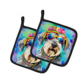 Schnauzer Hippie Dawg Pot Holder Set of 2 Heat Resistant Quilted Hot Pads 7.5 x 7.5 Inch, Insulated Kitchen Trivets for Cooking & Baking