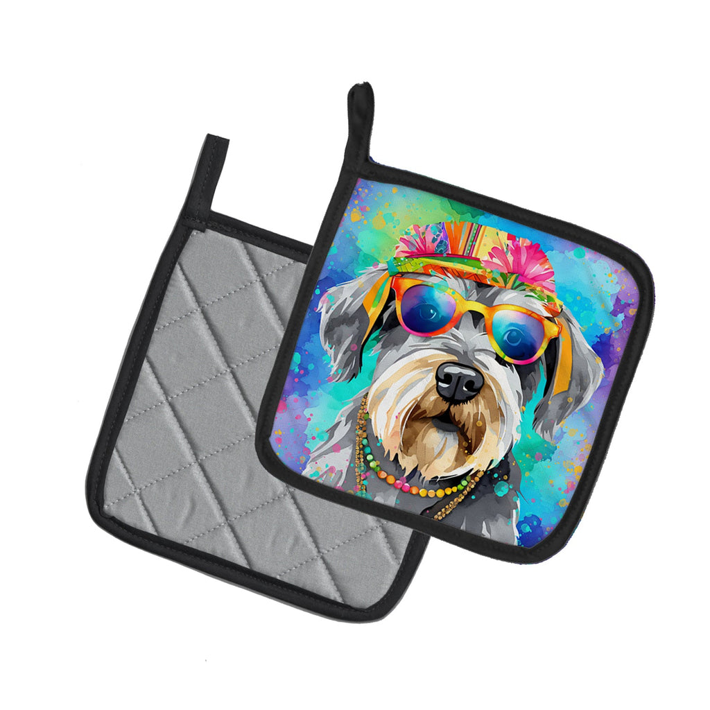Schnauzer Hippie Dawg Pot Holder Set of 2 Heat Resistant Quilted Hot Pads 7.5 x 7.5 Inch, Insulated Kitchen Trivets for Cooking & Baking