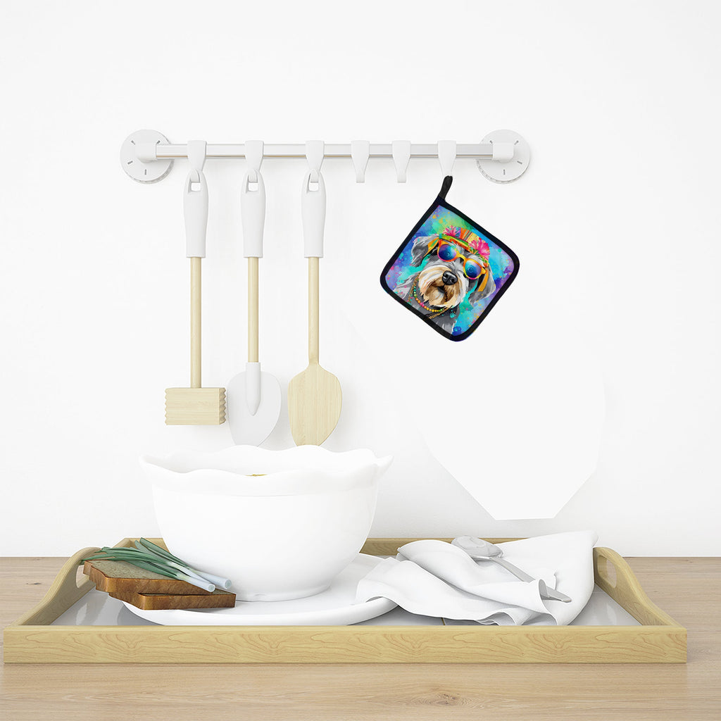Schnauzer Hippie Dawg Pot Holder Set of 2 Heat Resistant Quilted Hot Pads 7.5 x 7.5 Inch, Insulated Kitchen Trivets for Cooking & Baking