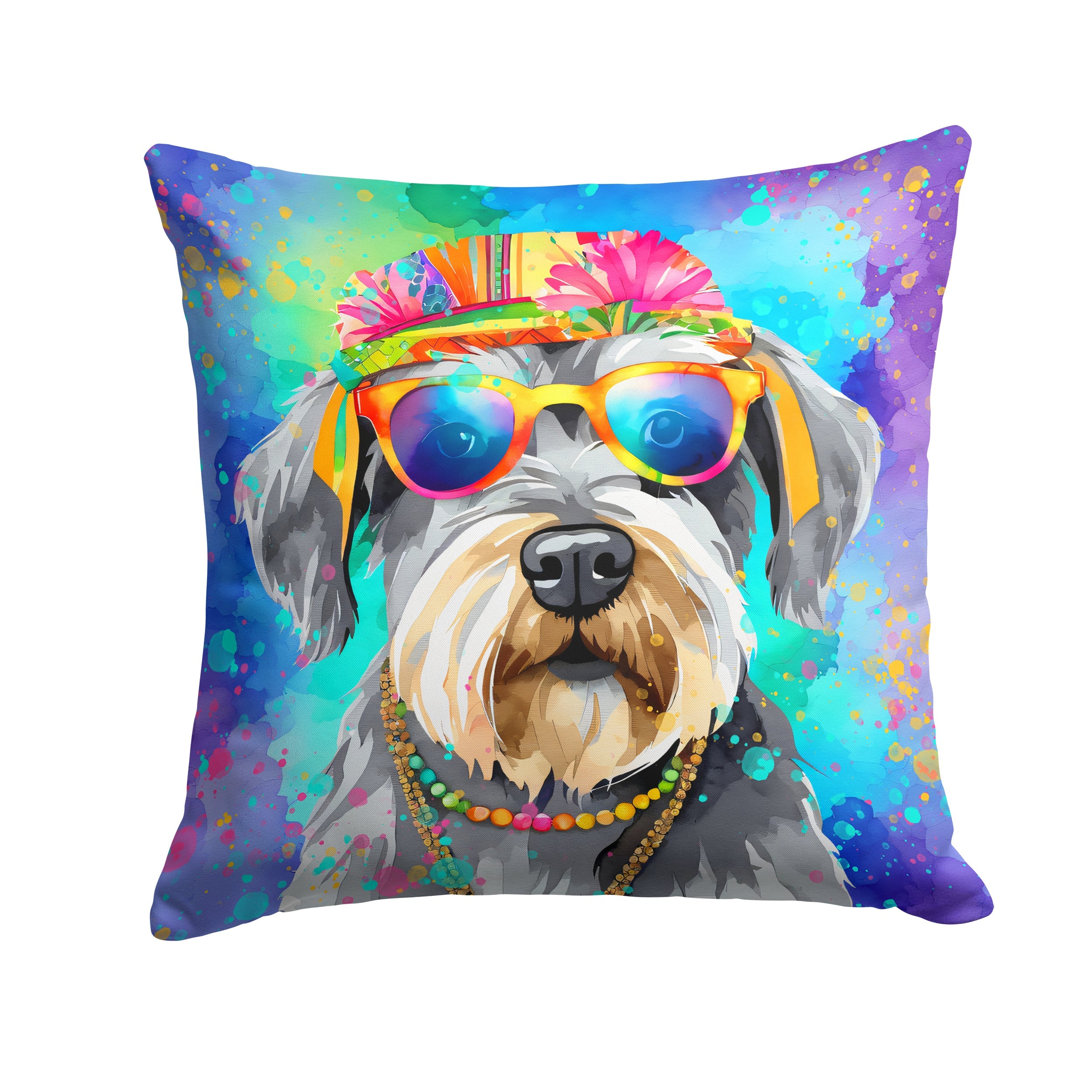 Schnauzer Hippie Dawg Decorative Throw Pillow 14x14 Indoor Outdoor Accent Cushion, Fabric Cover with Insert for Sofa, Bed, Porch & Living Room
