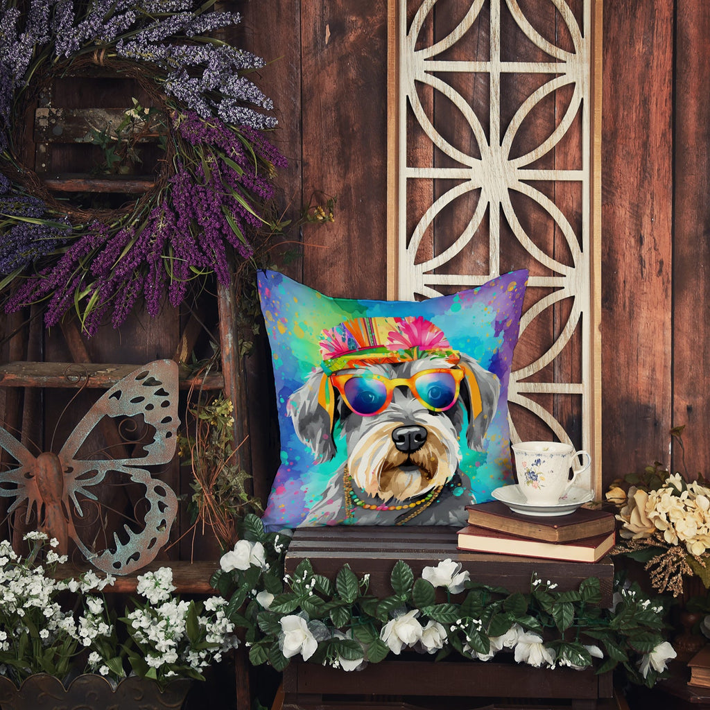 Schnauzer Hippie Dawg Decorative Throw Pillow 14x14 Indoor Outdoor Accent Cushion, Fabric Cover with Insert for Sofa, Bed, Porch & Living Room