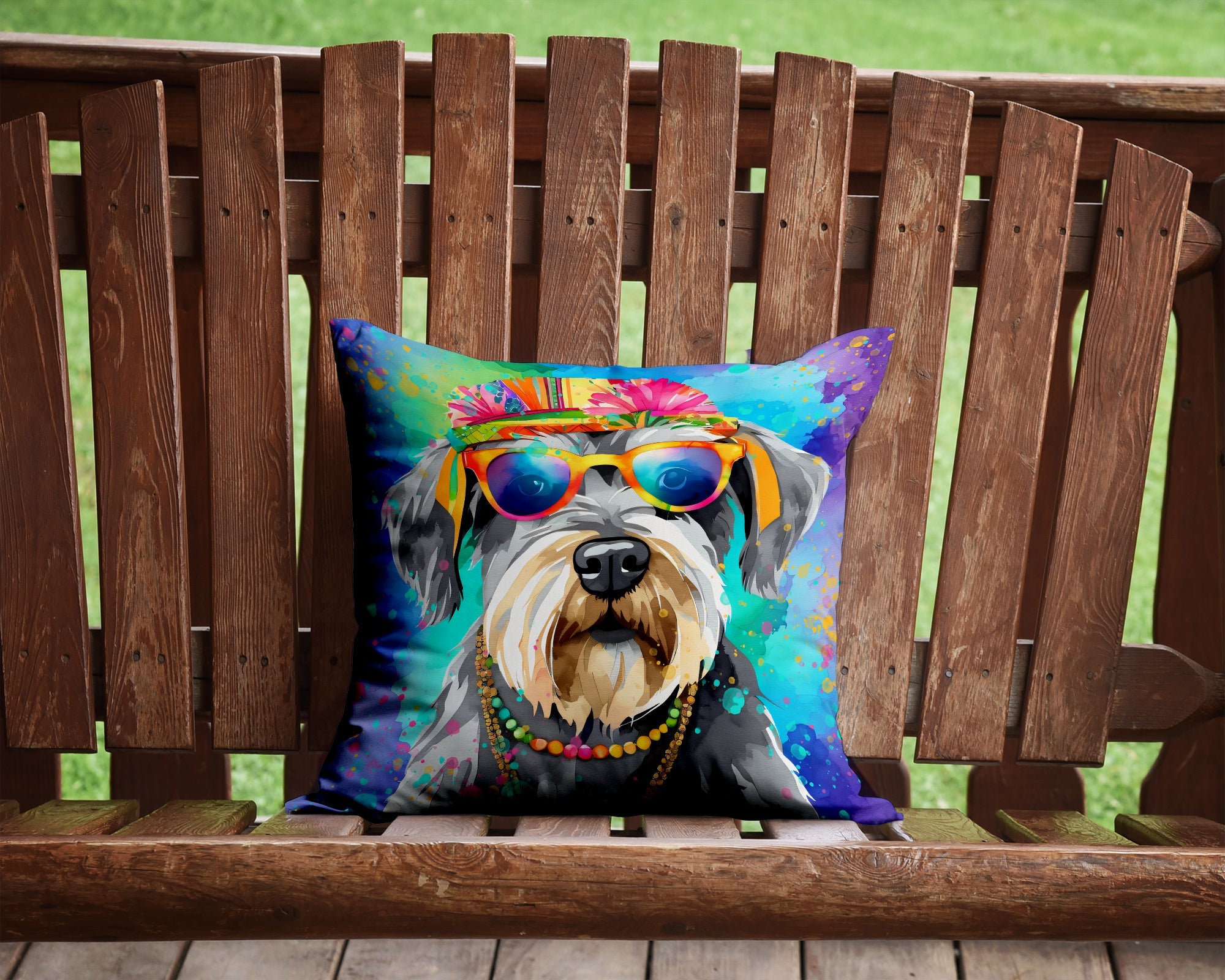 Schnauzer Hippie Dawg Decorative Throw Pillow 14x14 Indoor Outdoor Accent Cushion, Fabric Cover with Insert for Sofa, Bed, Porch & Living Room