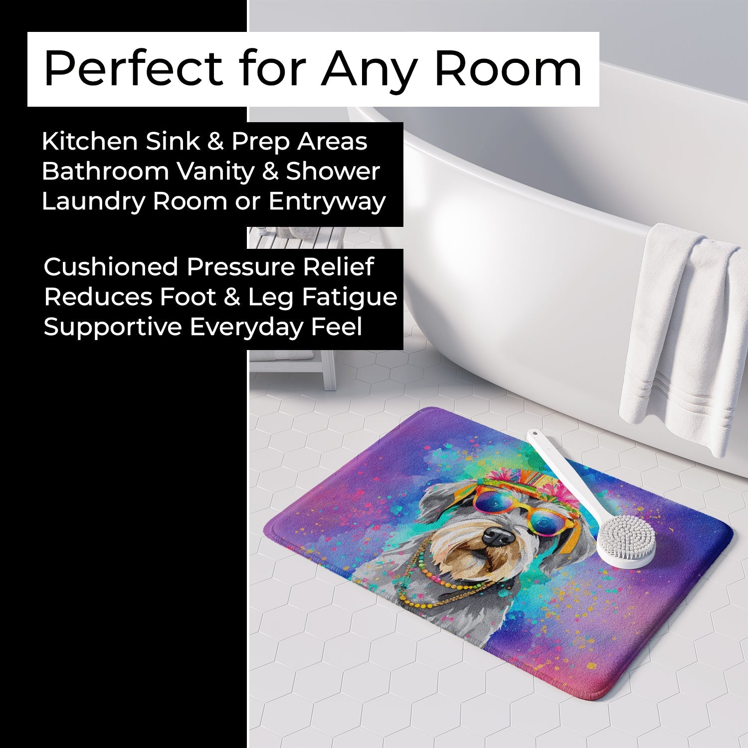 Schnauzer Hippie Dawg Memory Foam Kitchen Mat Machine Washable Anti-Fatigue Cushion Comfort Bath or Kitchen Rug