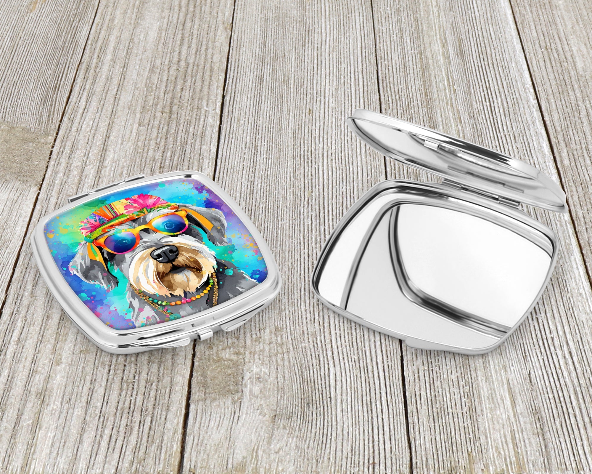 Schnauzer Hippie Dawg Compact Mirror Decorative Travel Makeup Mirror for Women Girls Gifts Pocket Makeup Mirror Folding Handheld
