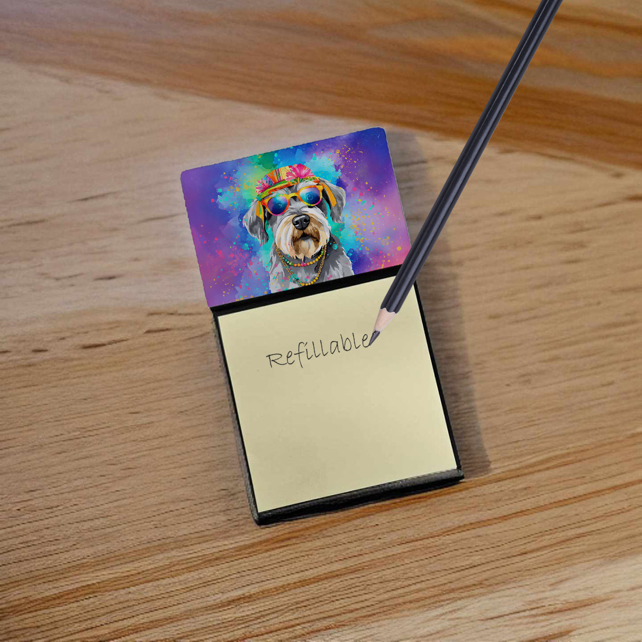 Schnauzer Hippie Dawg Watercolor Sticky Note Holder Refillable Dispenser Desk Accessory 3x3 Pad Gift