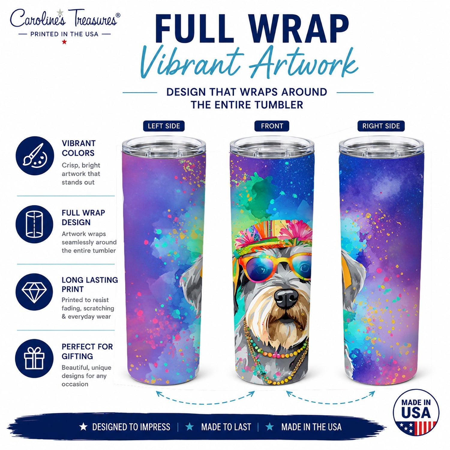 Schnauzer Hippie Dawg Stainless Steel Skinny Tumbler 20 oz Vacuum Double Walled Reusable Insulated Travel Cup