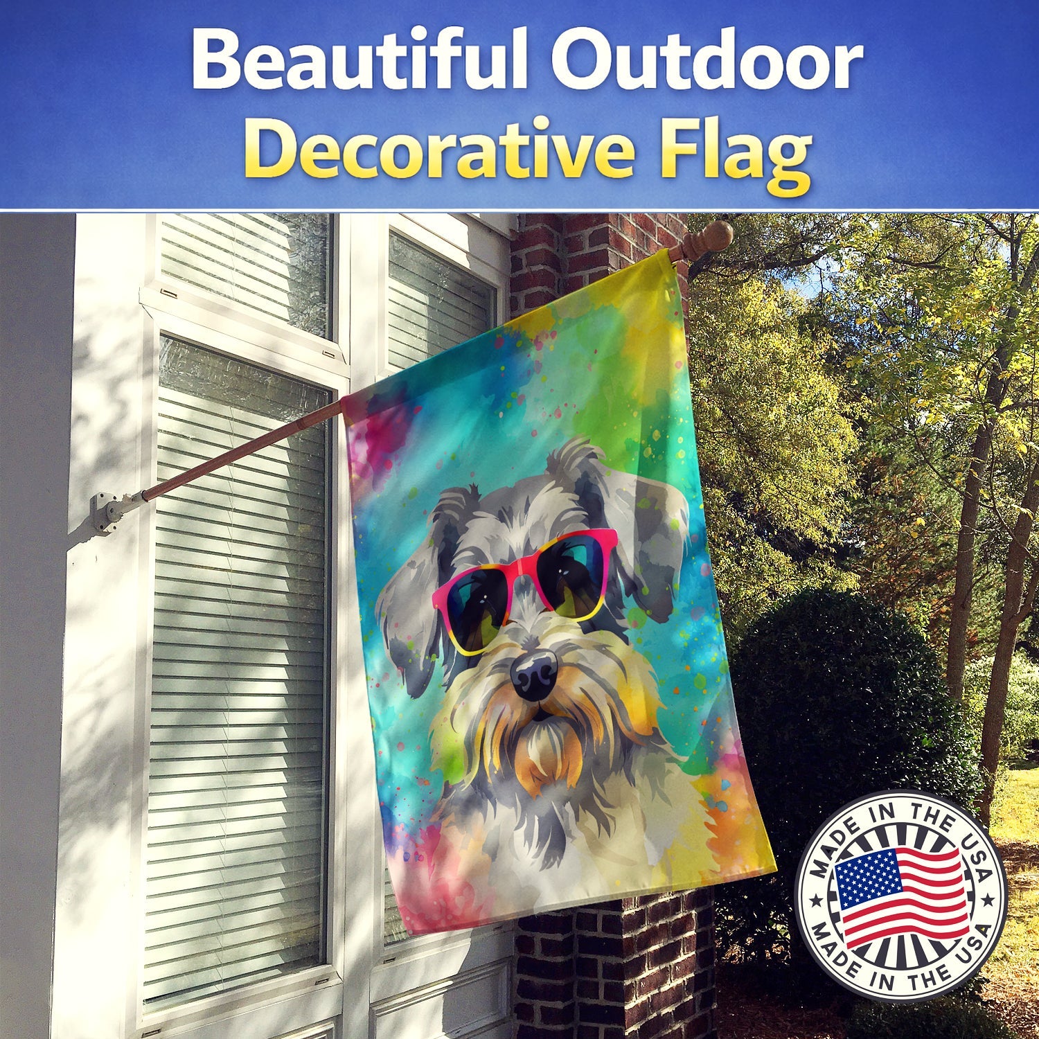 Schnauzer Hippie Dawg House Flag 28x40 Porch Sleeve Pole Decorative Outside Yard Banner Artwork Wall Hanging, Polyester