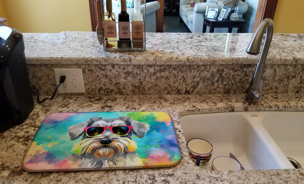 Schnauzer Hippie Dawg Dish Drying Mat Absorbent Dish Drying Mat Pad for Kitchen Counter Dish Drainer Mat for Countertop, 14 x 21", Multicolor