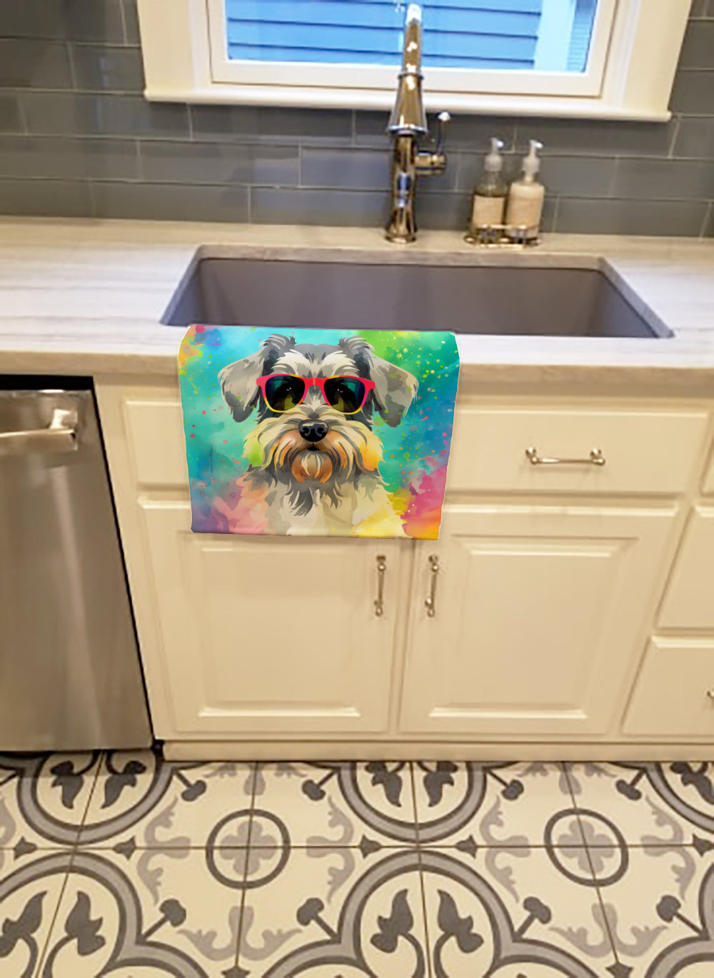Schnauzer Hippie Dawg Kitchen Towel Velour Plush Front and Cotton Loop Back Machine Washable