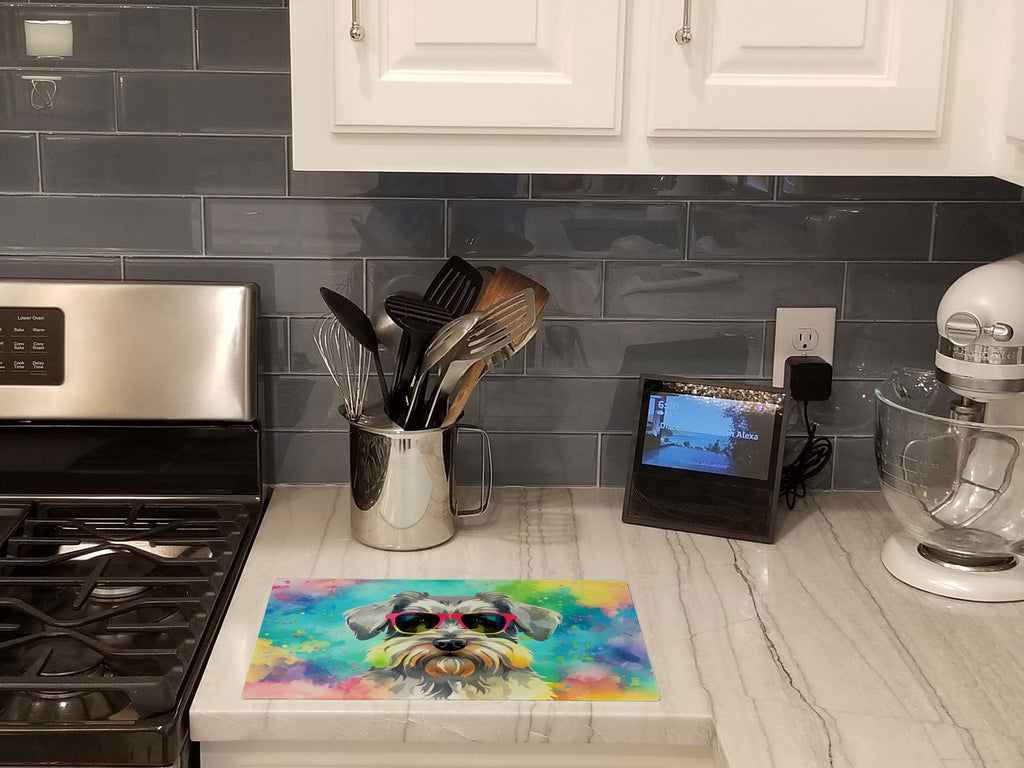 Schnauzer Hippie Dawg Cutting Board Tempered Glass Kitchen Cutting Surface, Heat Resistant Chopping, Non-Slip Feet, Food Prep & Serving