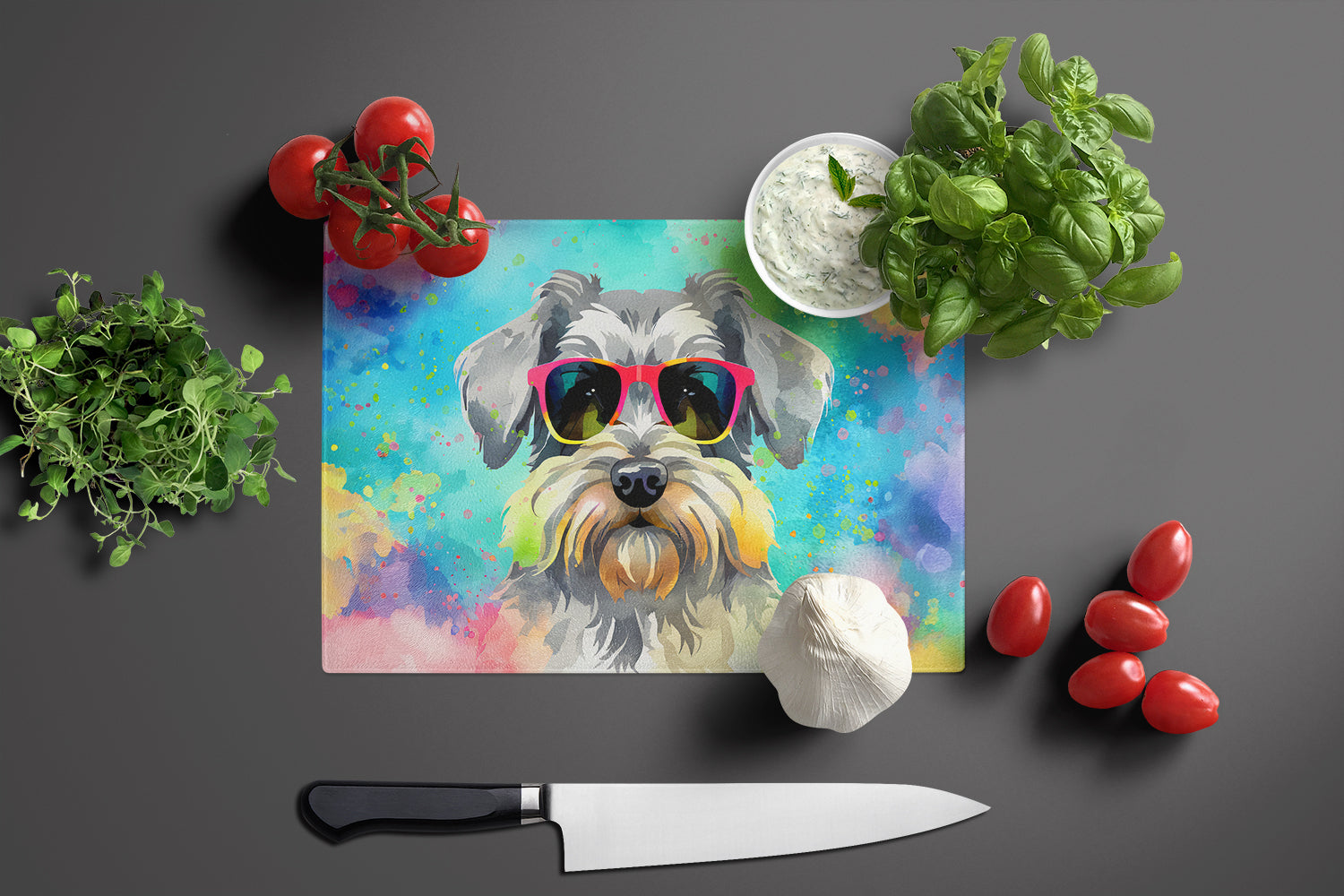 Schnauzer Hippie Dawg Cutting Board Tempered Glass Kitchen Cutting Surface, Heat Resistant Chopping, Non-Slip Feet, Food Prep & Serving