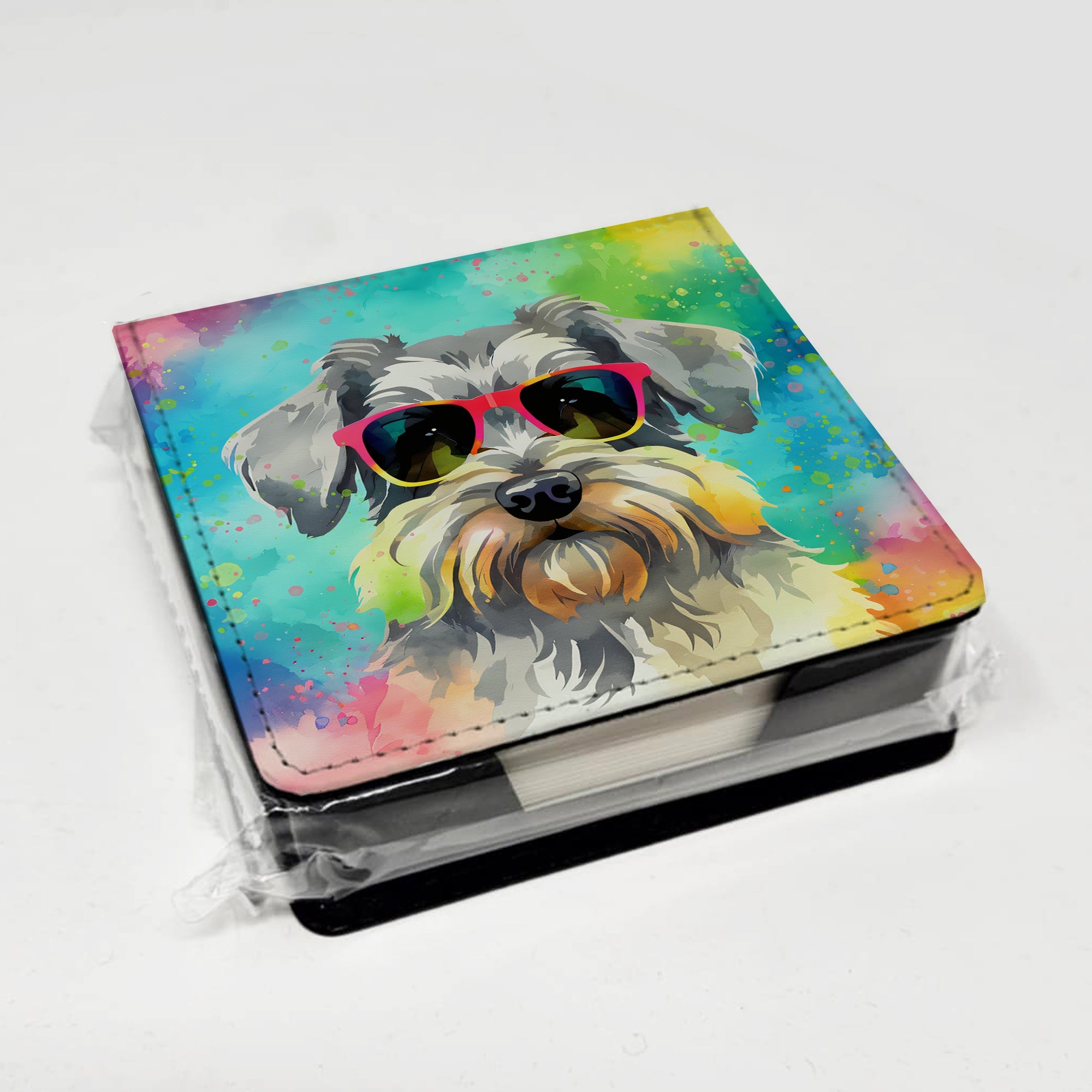 Schnauzer Hippie Dawg PU Leather Note Paper Holder with Artist-Designed Cover, Desk Accessory, Office Gift