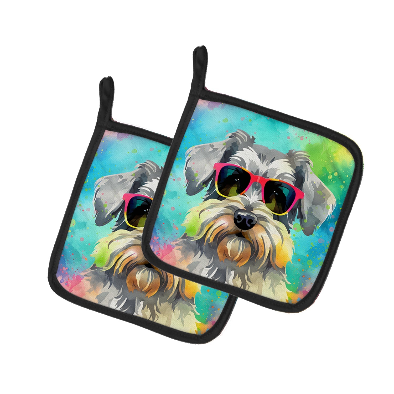 Schnauzer Hippie Dawg Pot Holder Set of 2 Heat Resistant Quilted Hot Pads 7.5 x 7.5 Inch, Insulated Kitchen Trivets for Cooking & Baking