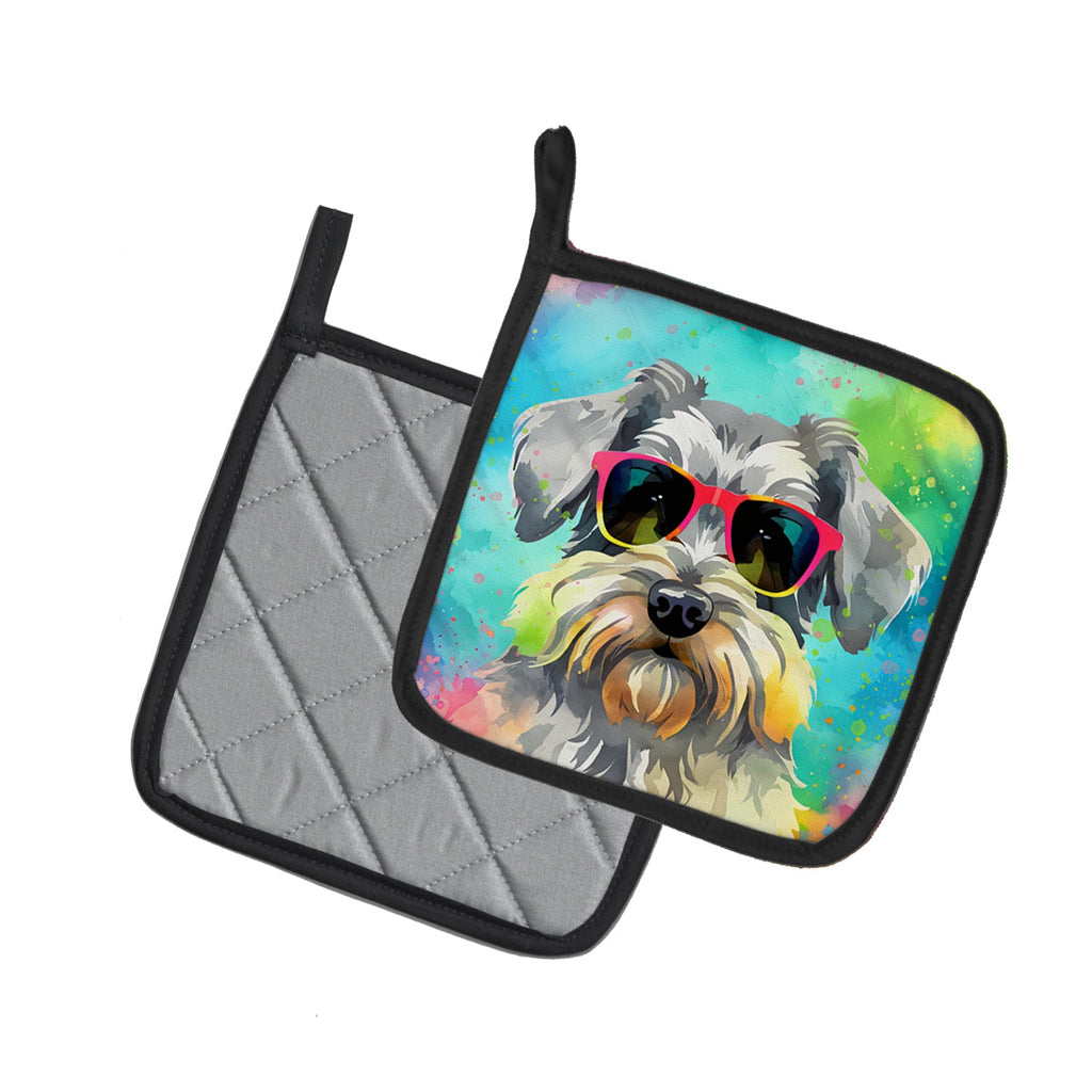 Schnauzer Hippie Dawg Pot Holder Set of 2 Heat Resistant Quilted Hot Pads 7.5 x 7.5 Inch, Insulated Kitchen Trivets for Cooking & Baking