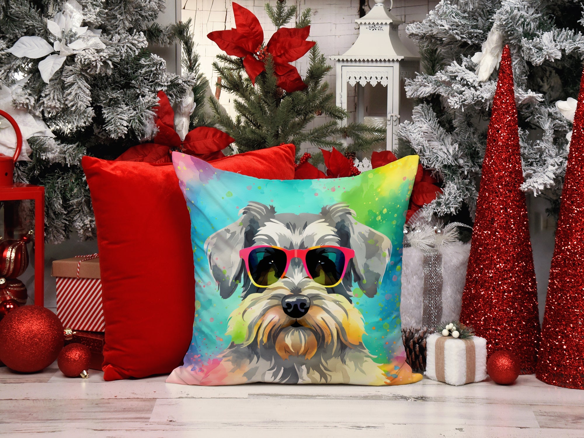 Schnauzer Hippie Dawg Decorative Throw Pillow 14x14 Indoor Outdoor Accent Cushion, Fabric Cover with Insert for Sofa, Bed, Porch & Living Room