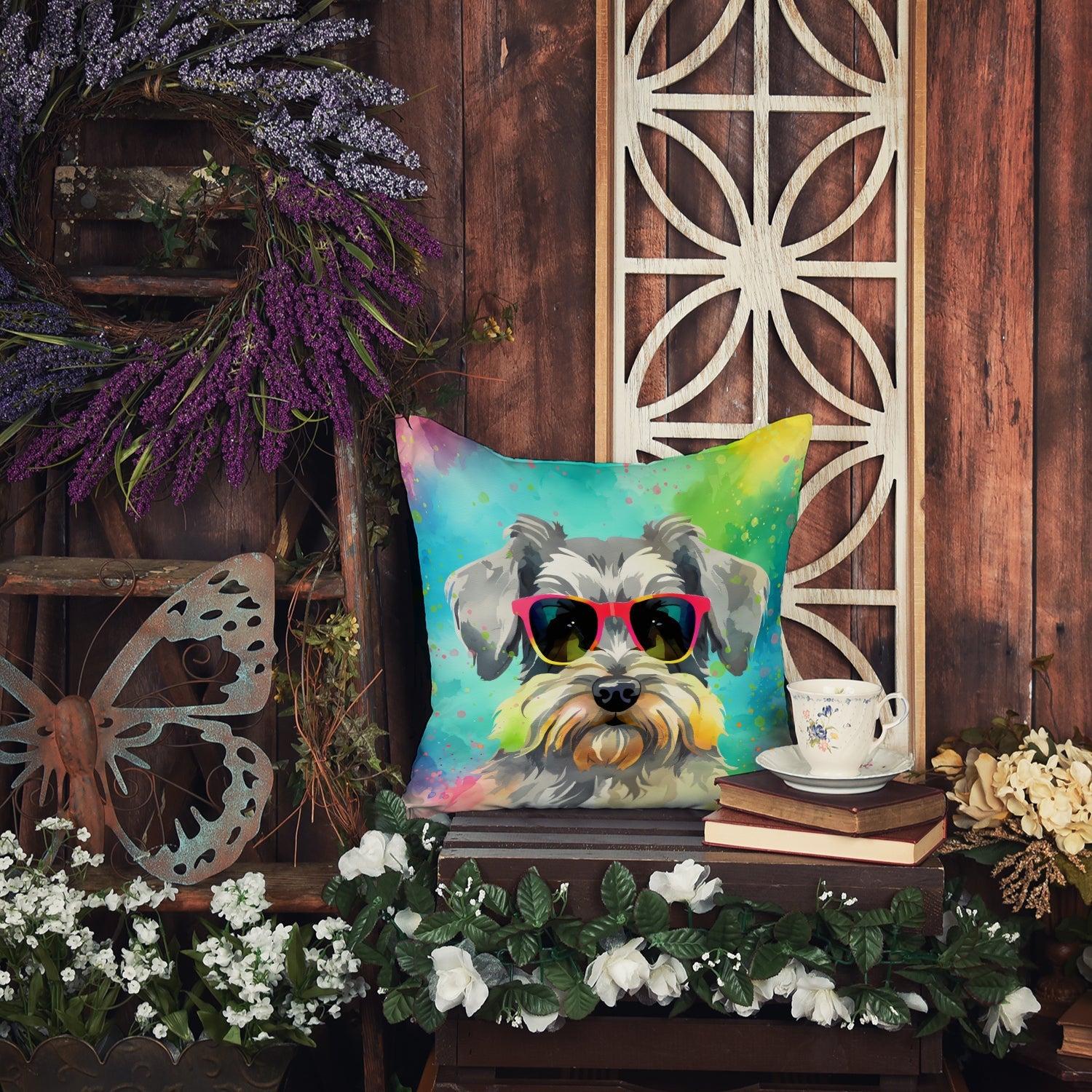 Schnauzer Hippie Dawg Decorative Throw Pillow 14x14 Indoor Outdoor Accent Cushion, Fabric Cover with Insert for Sofa, Bed, Porch & Living Room