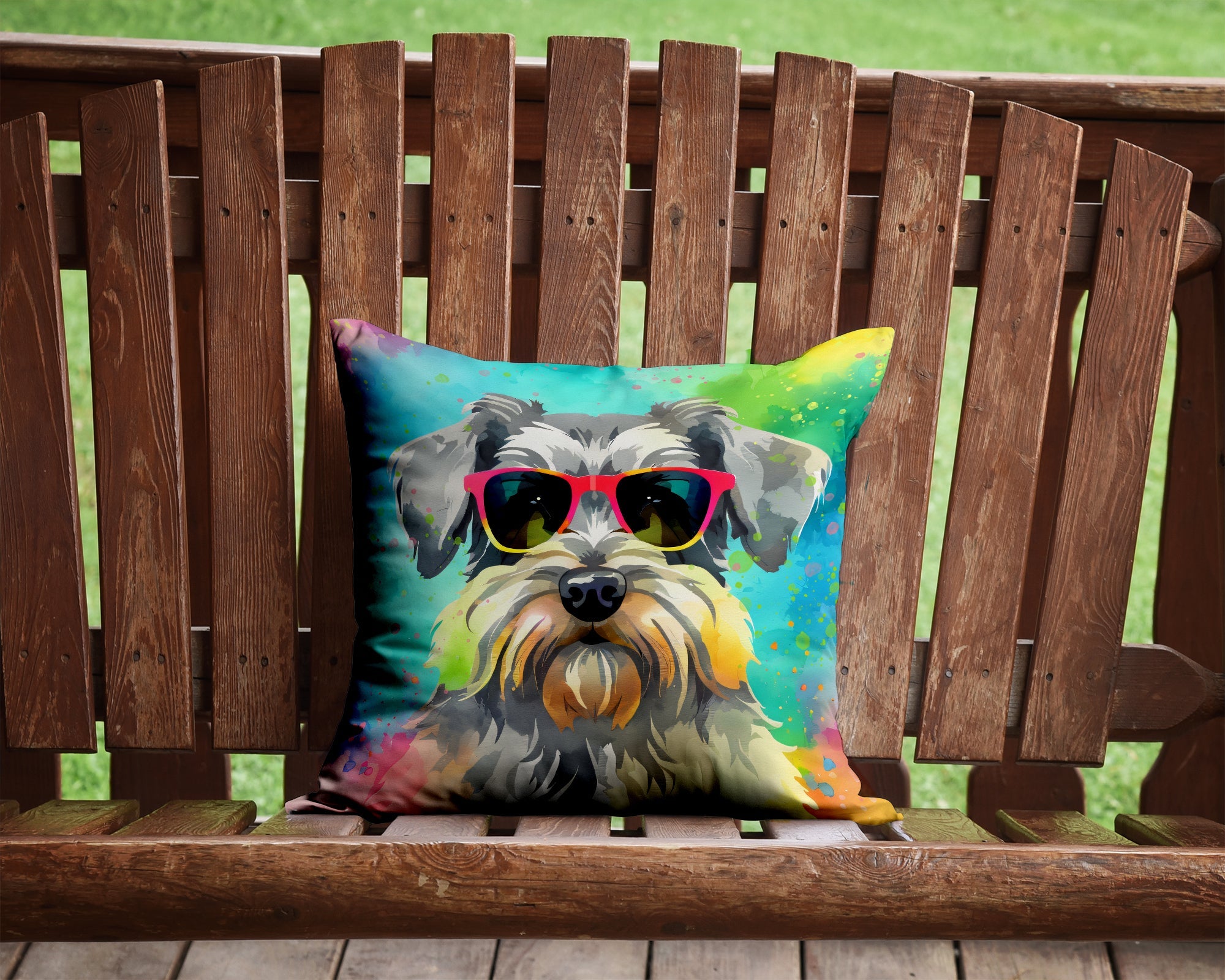 Schnauzer Hippie Dawg Decorative Throw Pillow 14x14 Indoor Outdoor Accent Cushion, Fabric Cover with Insert for Sofa, Bed, Porch & Living Room