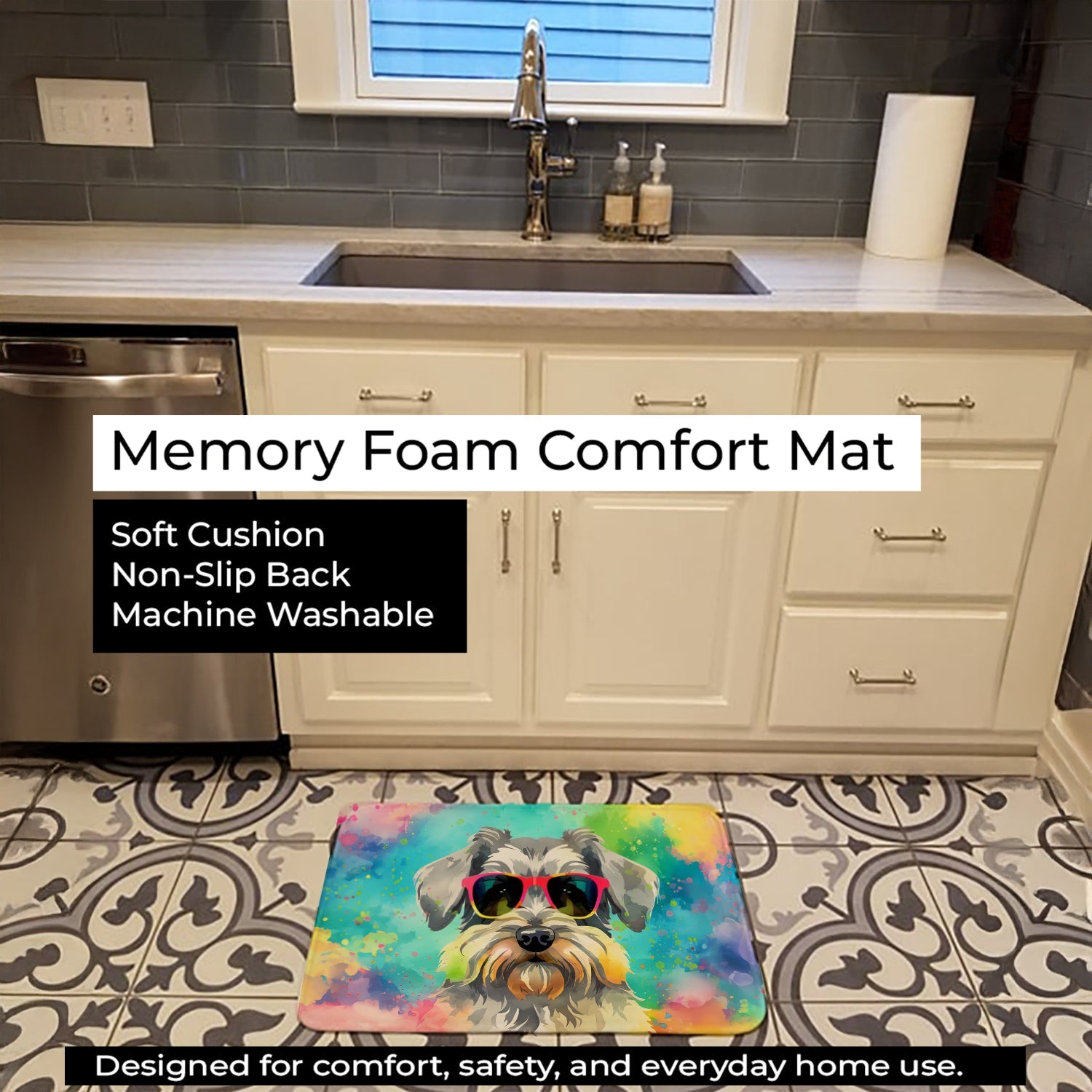 Schnauzer Hippie Dawg Memory Foam Kitchen Mat Machine Washable Anti-Fatigue Cushion Comfort Bath or Kitchen Rug