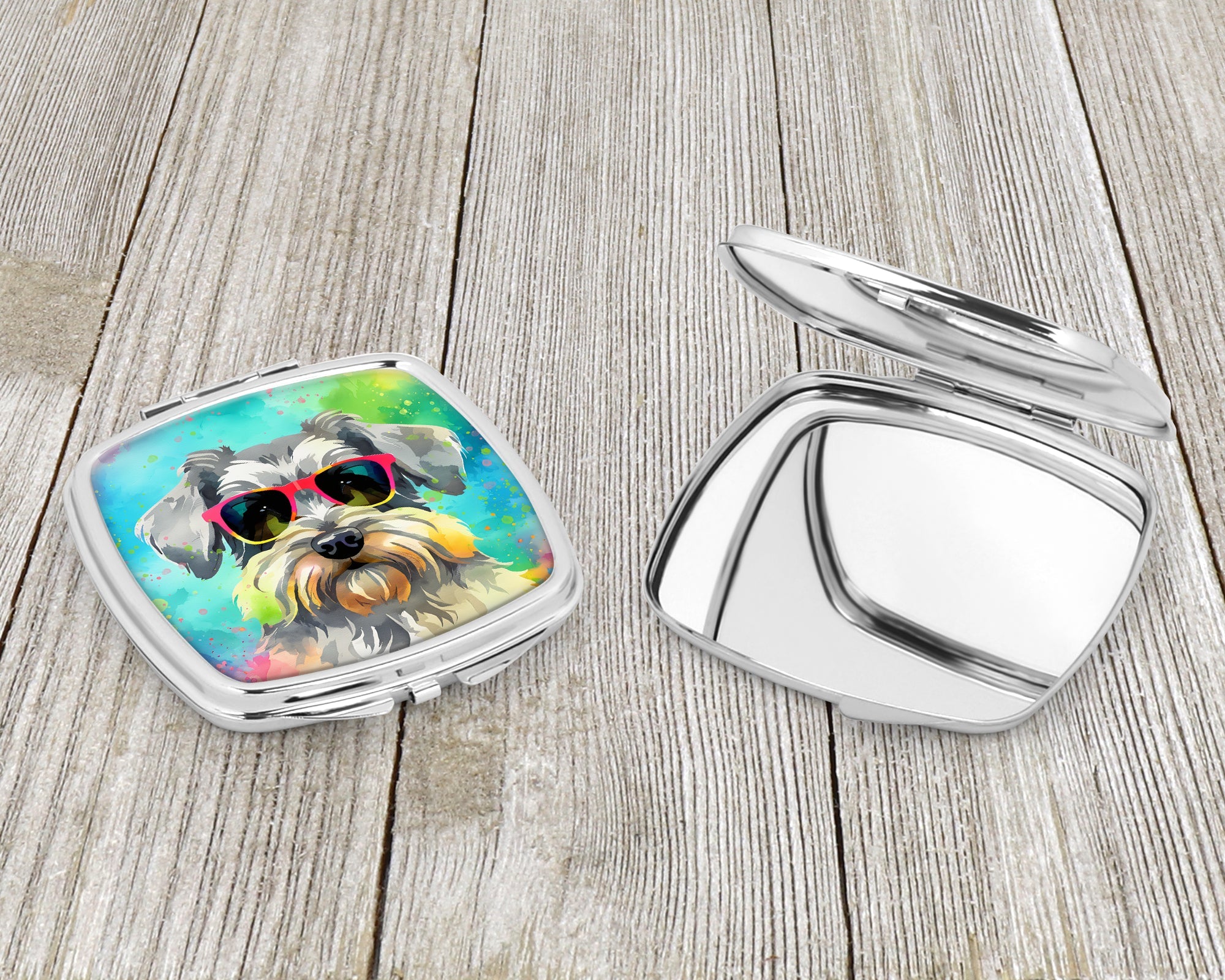 Schnauzer Hippie Dawg Compact Mirror Decorative Travel Makeup Mirror for Women Girls Gifts Pocket Makeup Mirror Folding Handheld