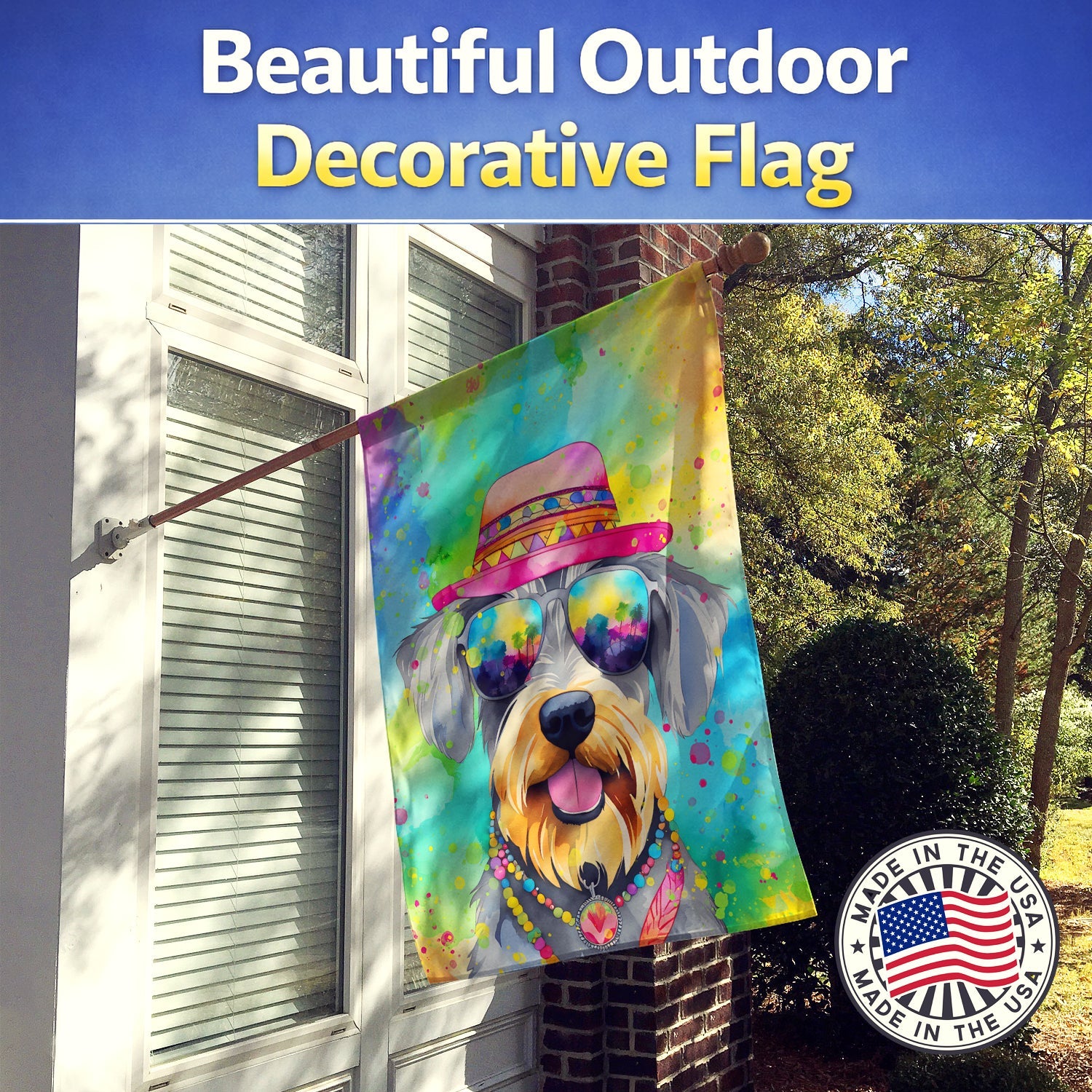 Schnauzer Hippie Dawg House Flag 28x40 Porch Sleeve Pole Decorative Outside Yard Banner Artwork Wall Hanging, Polyester