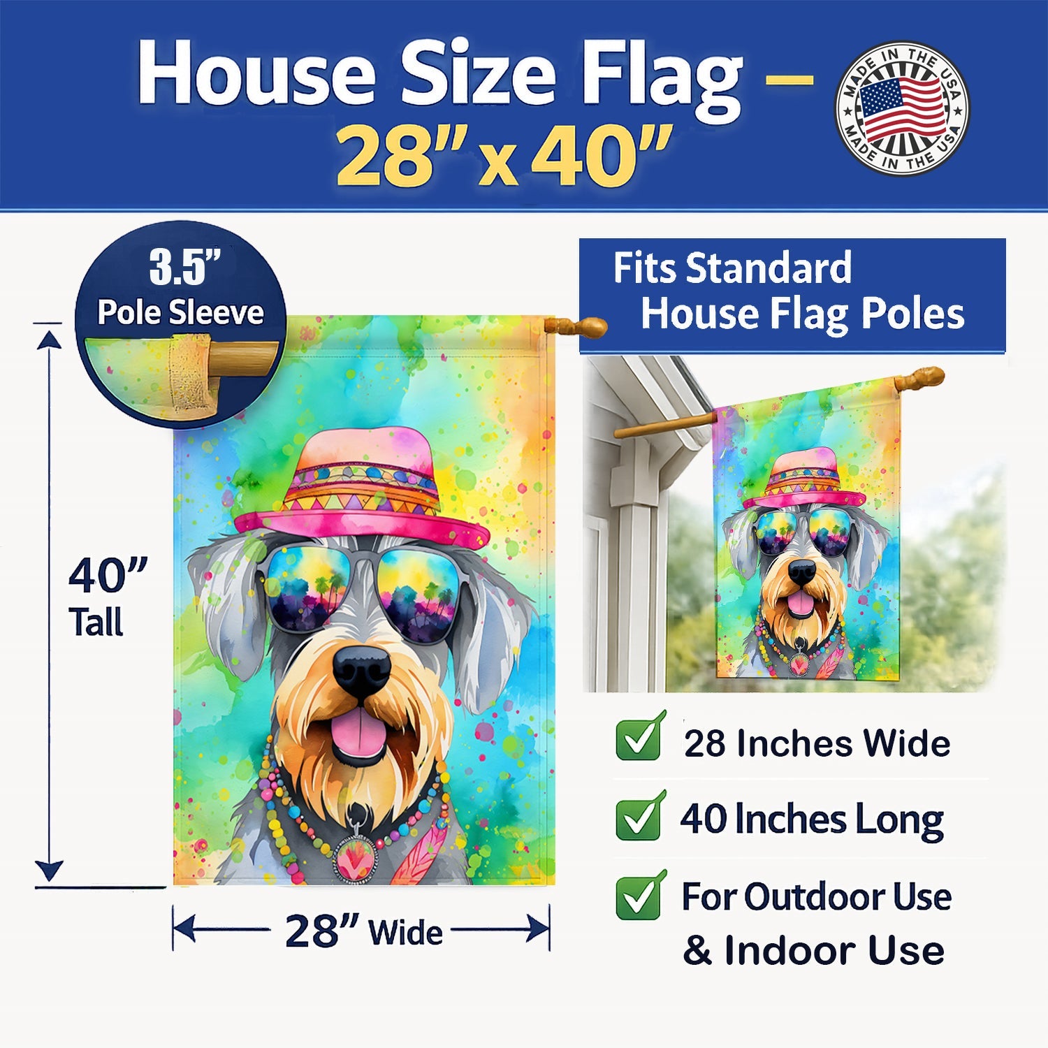 Schnauzer Hippie Dawg House Flag 28x40 Porch Sleeve Pole Decorative Outside Yard Banner Artwork Wall Hanging, Polyester
