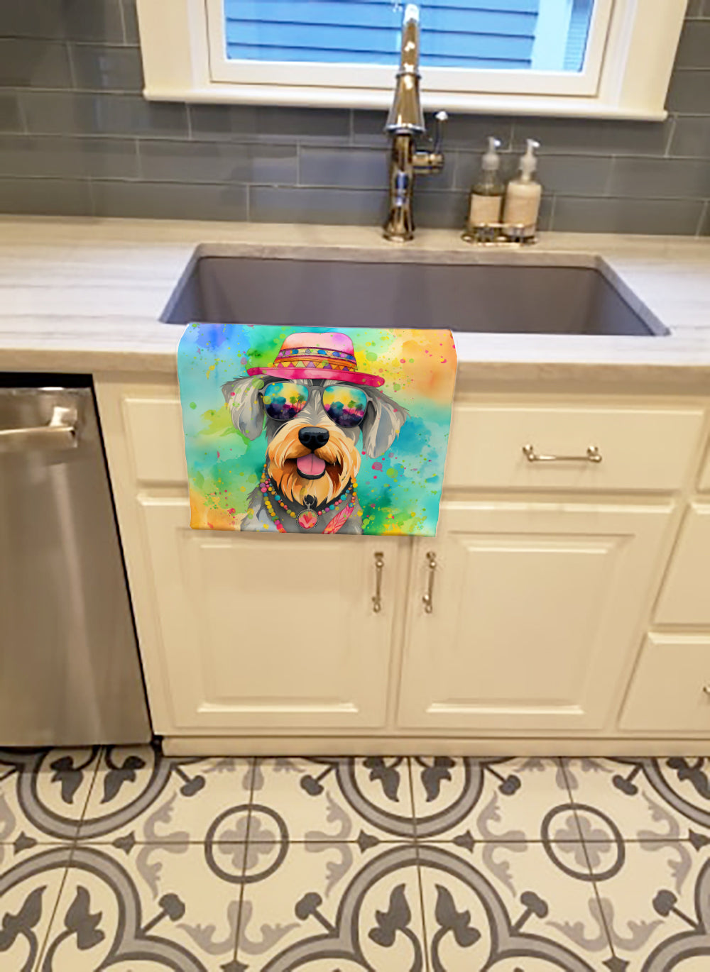 Schnauzer Hippie Dawg Kitchen Towel Velour Plush Front and Cotton Loop Back Machine Washable