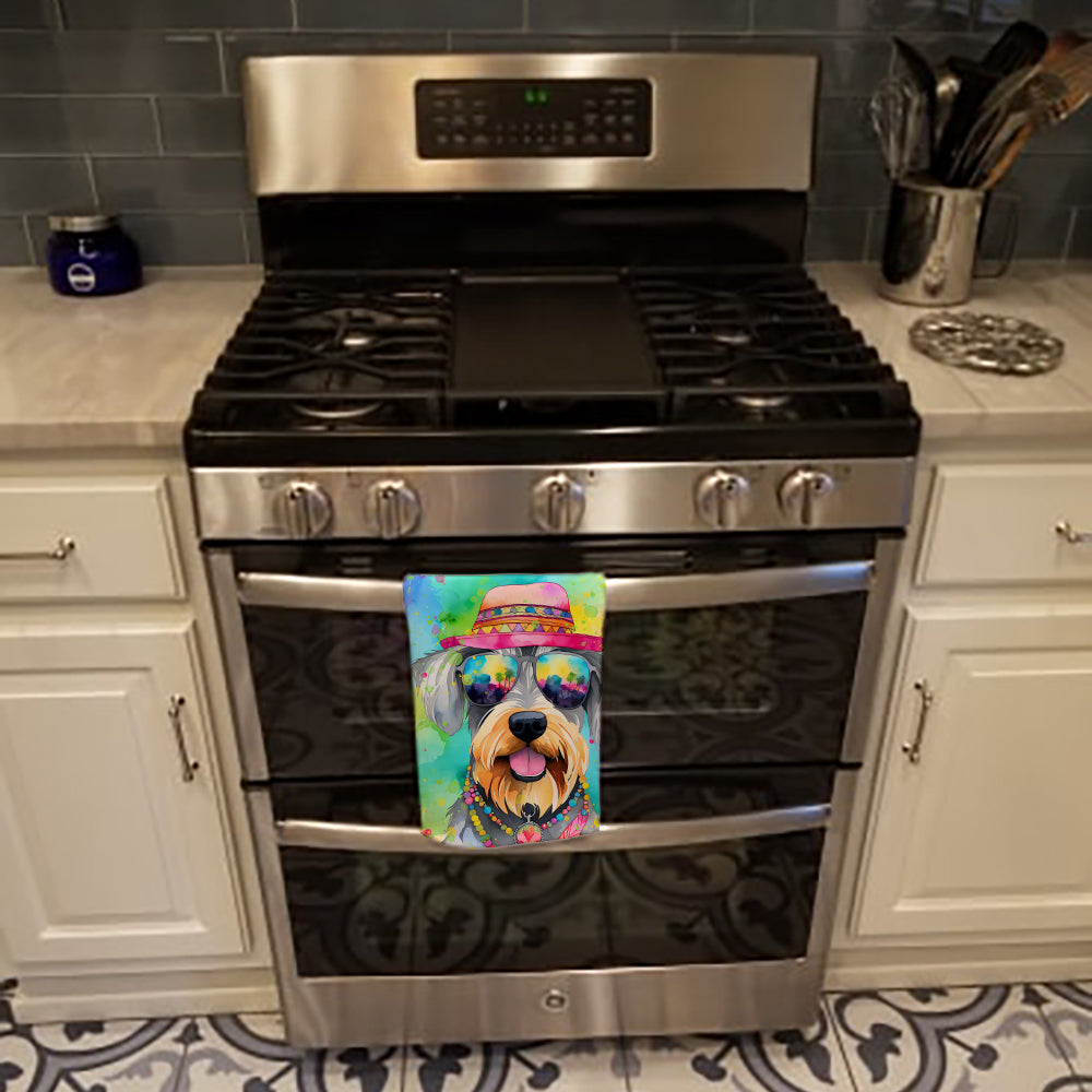 Schnauzer Hippie Dawg Kitchen Towel Velour Plush Front and Cotton Loop Back Machine Washable