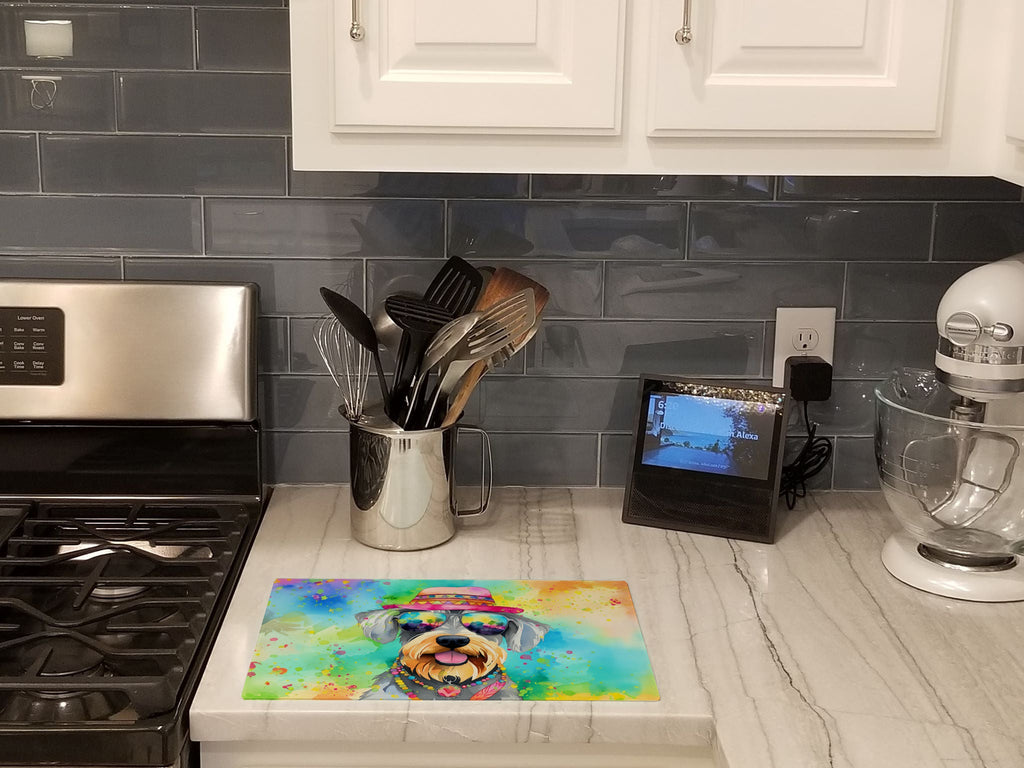 Schnauzer Hippie Dawg Cutting Board Tempered Glass Kitchen Cutting Surface, Heat Resistant Chopping, Non-Slip Feet, Food Prep & Serving