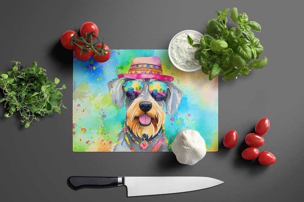 Schnauzer Hippie Dawg Cutting Board Tempered Glass Kitchen Cutting Surface, Heat Resistant Chopping, Non-Slip Feet, Food Prep & Serving
