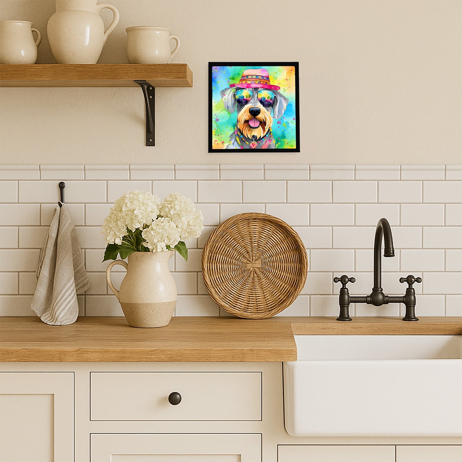 Schnauzer Hippie Dawg Framed Metal Print Bathroom, Kitchen, Office, Home Decor Wall Art Ready to Hang, Square, 8X8