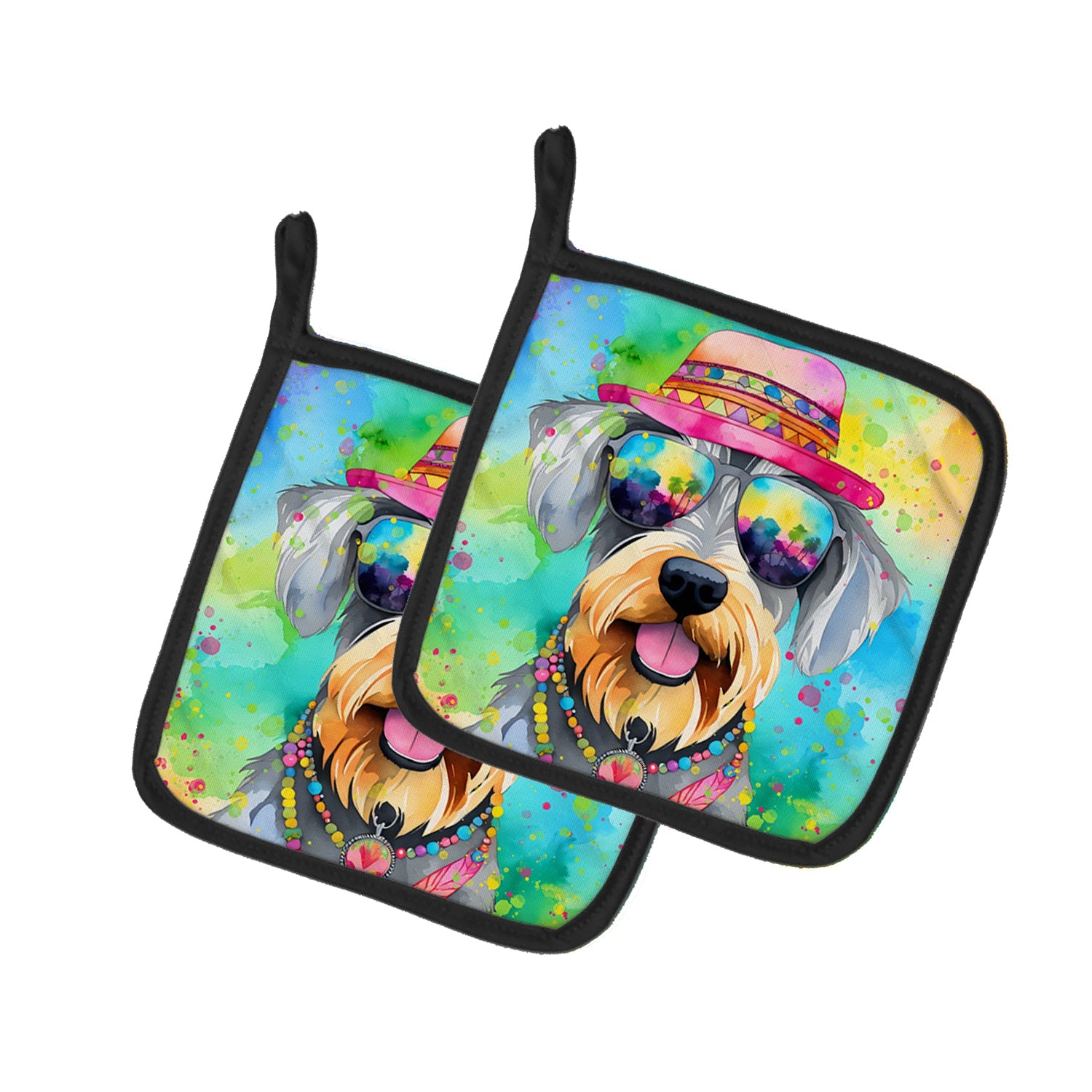 Schnauzer Hippie Dawg Pot Holder Set of 2 Heat Resistant Quilted Hot Pads 7.5 x 7.5 Inch, Insulated Kitchen Trivets for Cooking & Baking