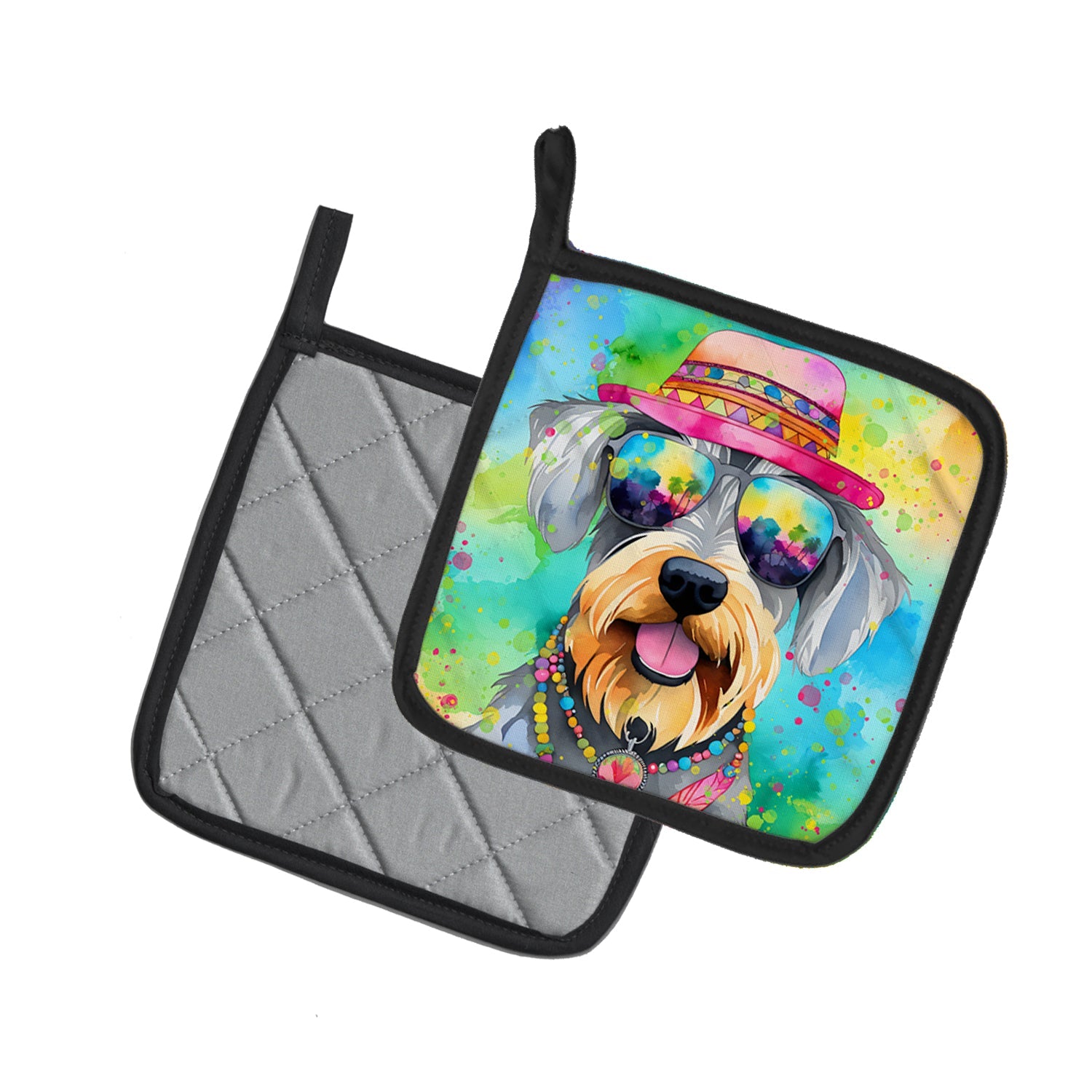 Schnauzer Hippie Dawg Pot Holder Set of 2 Heat Resistant Quilted Hot Pads 7.5 x 7.5 Inch, Insulated Kitchen Trivets for Cooking & Baking
